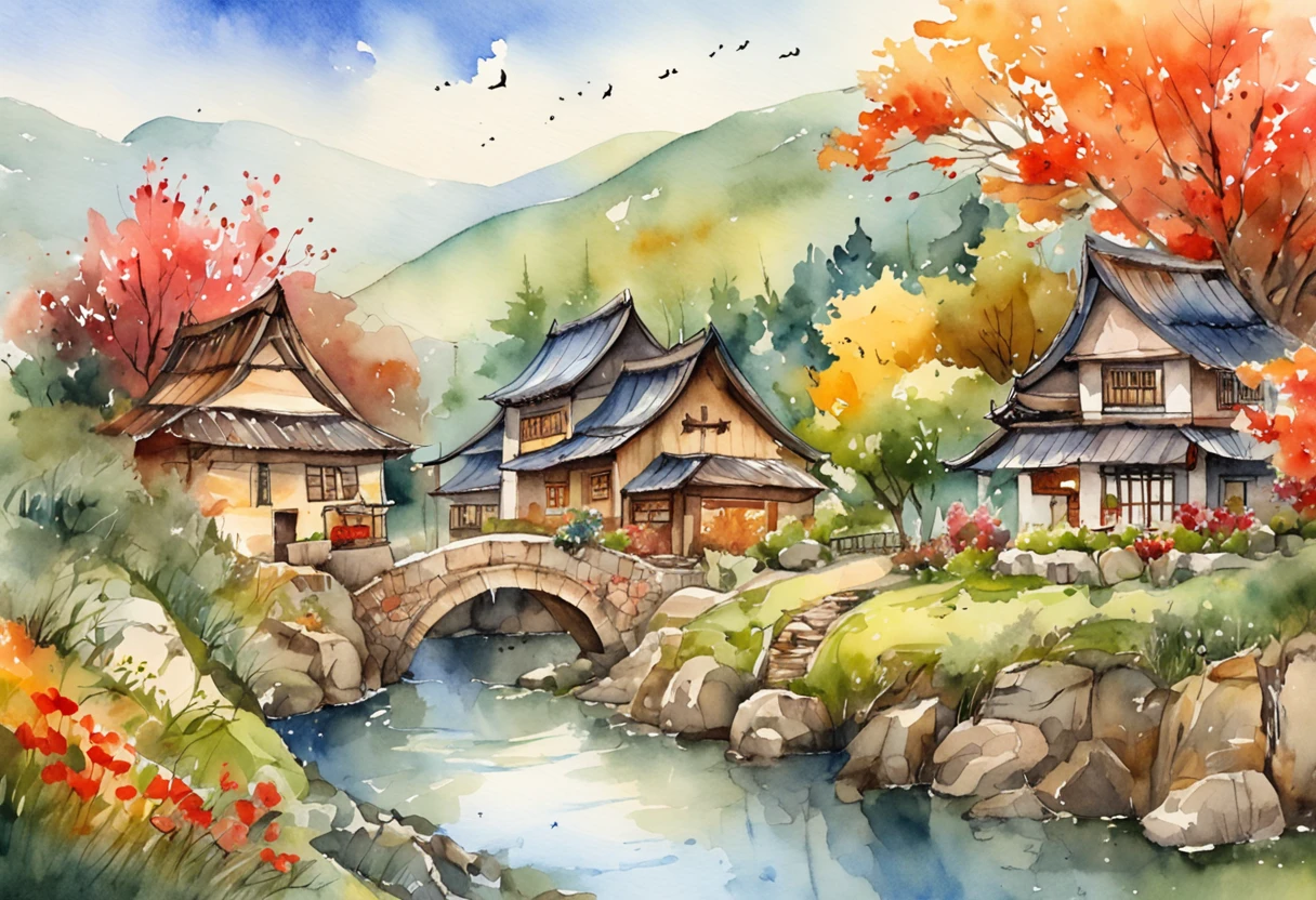 ultra - detailed, 超高分辨率, Mid-autumn village watercolor illustration, lush colors, Splendid scenery, Dreamy atmosphere, light bloom