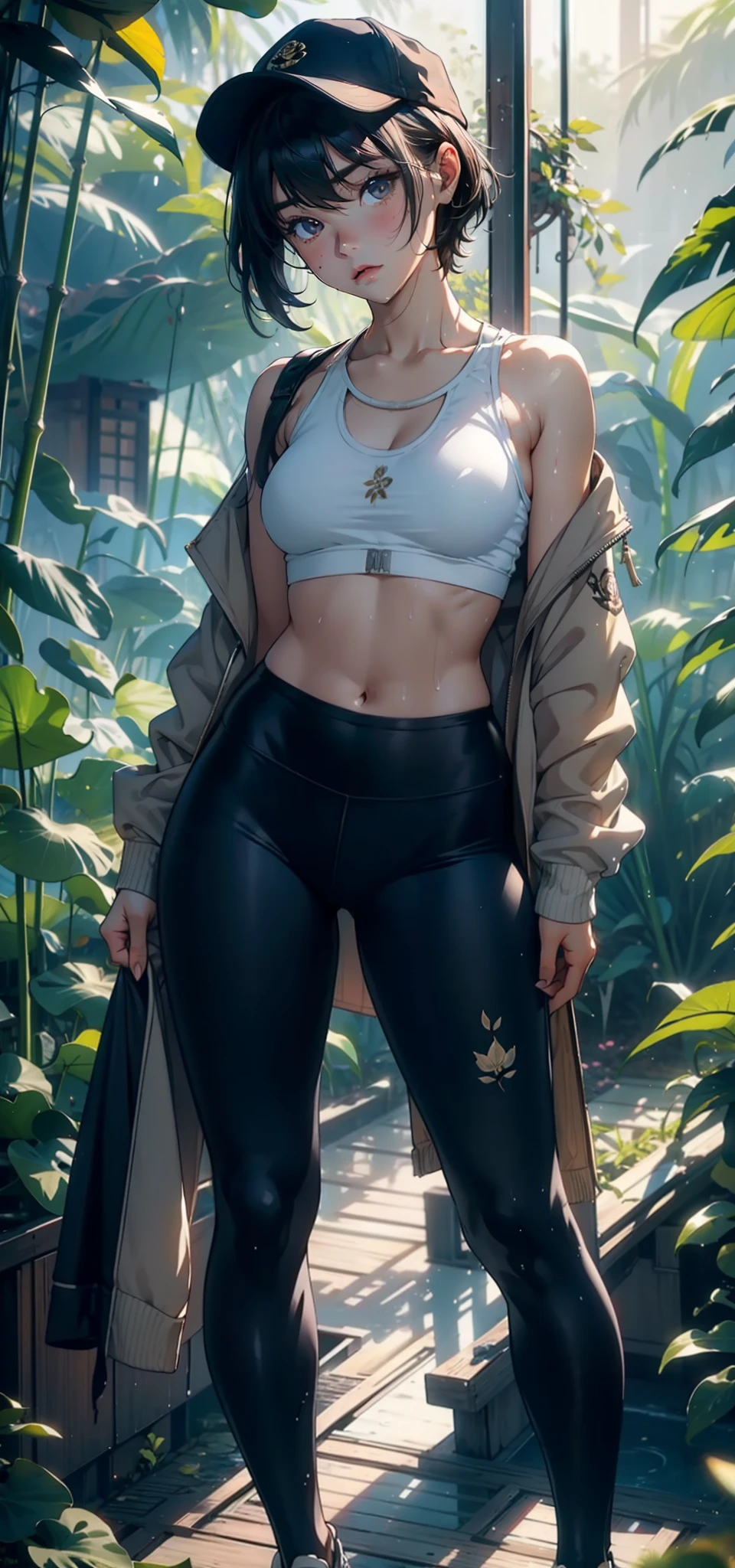 1female,Small li,Small breasts,独奏,(Background with:bamboo forrest,lotuses,lotus flower,exteriors,Lotus pond) She has short black hair,standing on your feet,Sweat profusely,drenched all over the body,seen from the front, hair straight, mostly cloudy sky,(((tmasterpiece),(Very detailed CG unity 8K wallpaper),best qualtiy,cinmatic lighting,detailed back ground,beatiful detailed eyes,Bright pupils,Black eyes,(Very fine and beautiful),(Beautiful and detailed eye description),ultra - detailed,tmasterpiece,)),facing at camera,A high resolution,ultra - detailed),revealing breasts,Bare genitalia, Bulge,legs are open,Raised sexy,Camel toes,Flushed complexion,Open-mouthed,frontage,elearing:black legging pants,Baseball jacket,baseball cap,fullnude,Gold wire embroidery,Naked of breast,Bare lower body,athletic sneakers)Full body photo,Show shoes