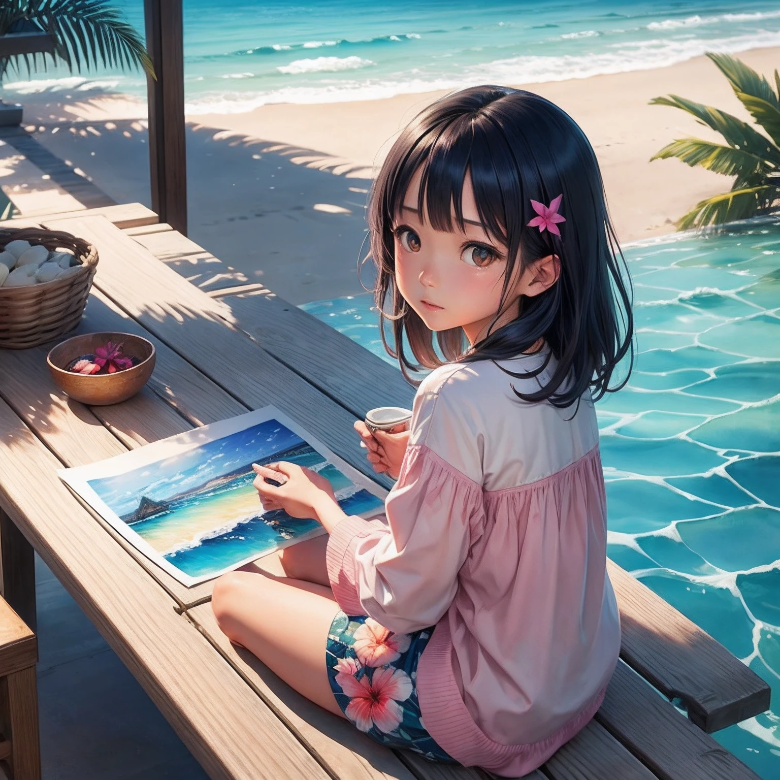Hoshino Cole、nigh sky、sea side、The corals、mermaids、watercolor paiting、Bottleship、Palm trees、hibiscus
