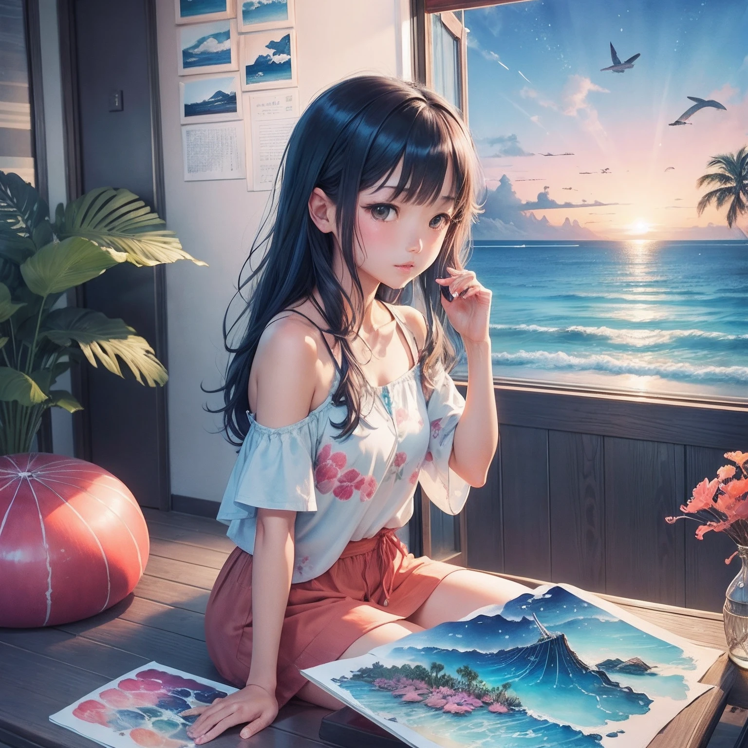 best quality,8k resolution,masterpiece:1.2,ultra-detailed,realistic, HDR, professional, vivid colors,bokeh, (Aquarela),(anime wallpaper), (octane render), (global illumination), (premiere), young girl painting a canvas in her bedroom, surrounded by blood butterflies, (Stunning pastel colors)