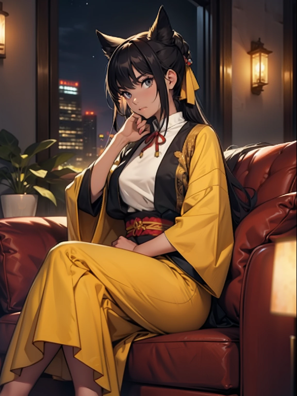 A woman who is,sitting in the couch,Wearing a Tang costume,the night