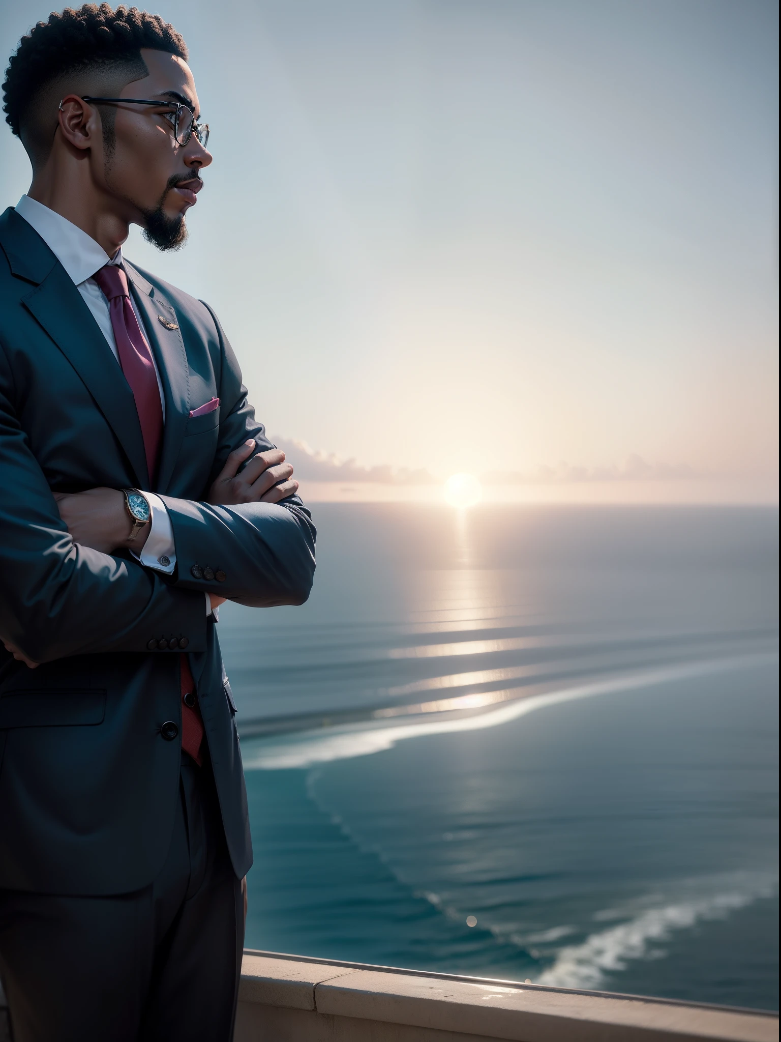 Imagine generating an image of a distinguished black man dressed in a suit and tie, standing by a window in a high-rise building, overlooking the sea on a sunny day. The scene should exude a sense of contemplation and elegance. The man is taking a moment to gaze at the vast expanse of the sea below, his posture reflecting a mix of introspection and appreciation for the beauty before him. The sun's rays stream through the window, casting a warm and inviting glow into the room. --auto --s2