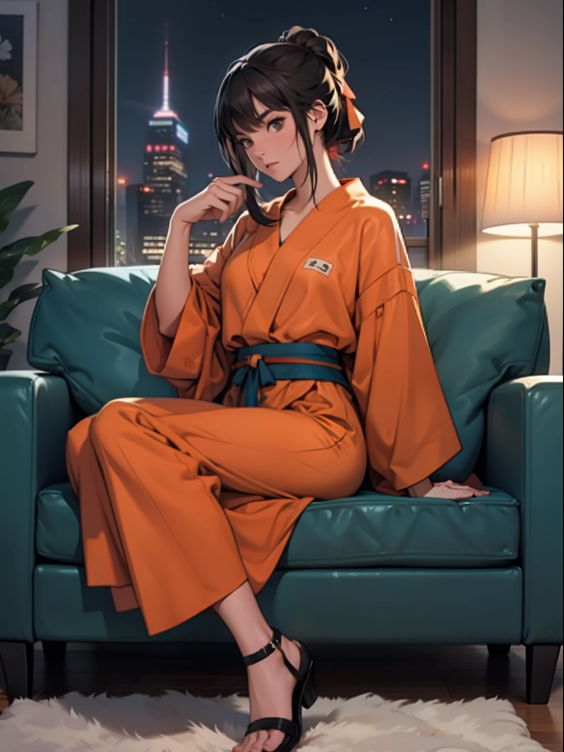 A woman who is,sitting in the couch,Wearing a Tang costume,the night