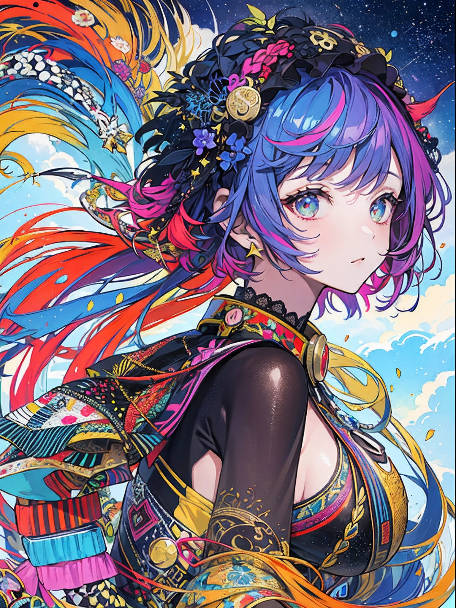 (​masterpiece、top-quality、top-quality、afrocentricpaiting(afro)、Official Art、Beautifully Aesthetic:1.2)、(1girl in:1.3)、(Fractal art:1.3)、The upper part of the body、from side、looking at the viewers、patterns、(rainbow-colored hair、colourful hair、african ink、​​clouds、starrysky、stele、Splashes of bright colors、Rough kanji、