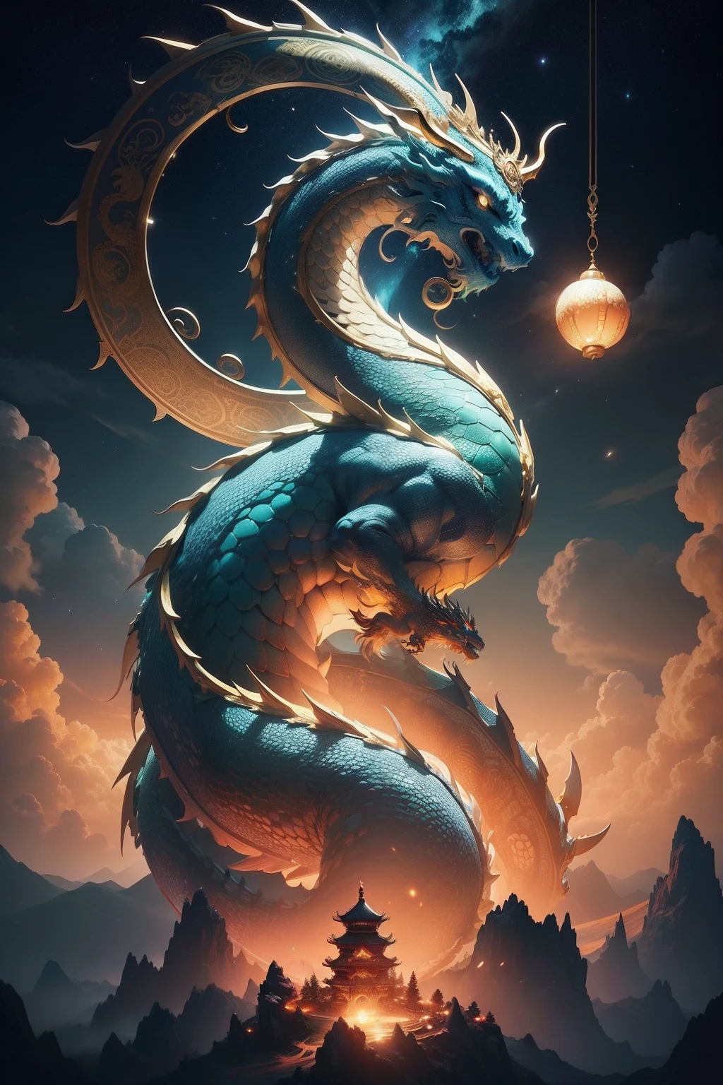 Generate a celestial scene featuring a majestic Chinese dragon amidst auspicious clouds. Envision the dragon in resplendent hues of gold and jade, adorned with intricate scales and ornate patterns. The dragon's serpentine body should gracefully coil and dance through the sky, exuding an aura of power and wisdom. Surround the dragon with billowing clouds suffused with vibrant colors, symbolizing good fortune and prosperity. Illuminate the scene with a soft celestial glow, evoking the dragon's divine nature and its significance as a symbol of strength and luck