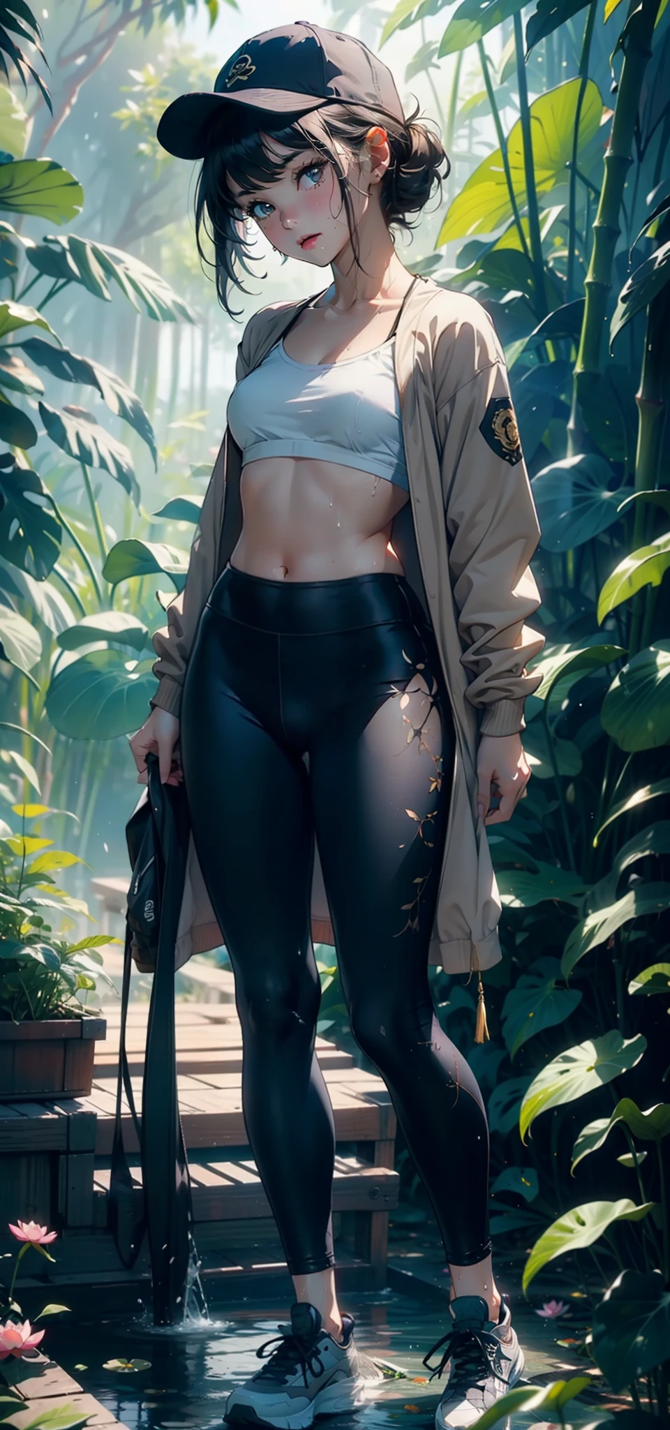 1female，Small loli，Small breasts，独奏，（Background with：bamboo forrest，lotuses，lotus flower，exteriors，Lotus pond） She has short black hair，standing on your feet，Sweat profusely，drenched all over the body，seen from the front， hair straight， mostly cloudy sky，（（（tmasterpiece），（Very detailed CG unity 8K wallpaper），best qualtiy，cinmatic lighting，detailed back ground，beatiful detailed eyes，Bright pupils，Black eyes，（Very fine and beautiful），（Beautiful and detailed eye description），ultra - detailed，tmasterpiece，）），facing at camera，A high resolution，ultra - detailed），revealing breasts，Bare genitalia，  Bulge，legs are open，Raised sexy，Camel toes，Flushed complexion，Open-mouthed，frontage，elementary student（Wearing：Black jumpsuits，nakeness，Bare breasts，Bare lower body）