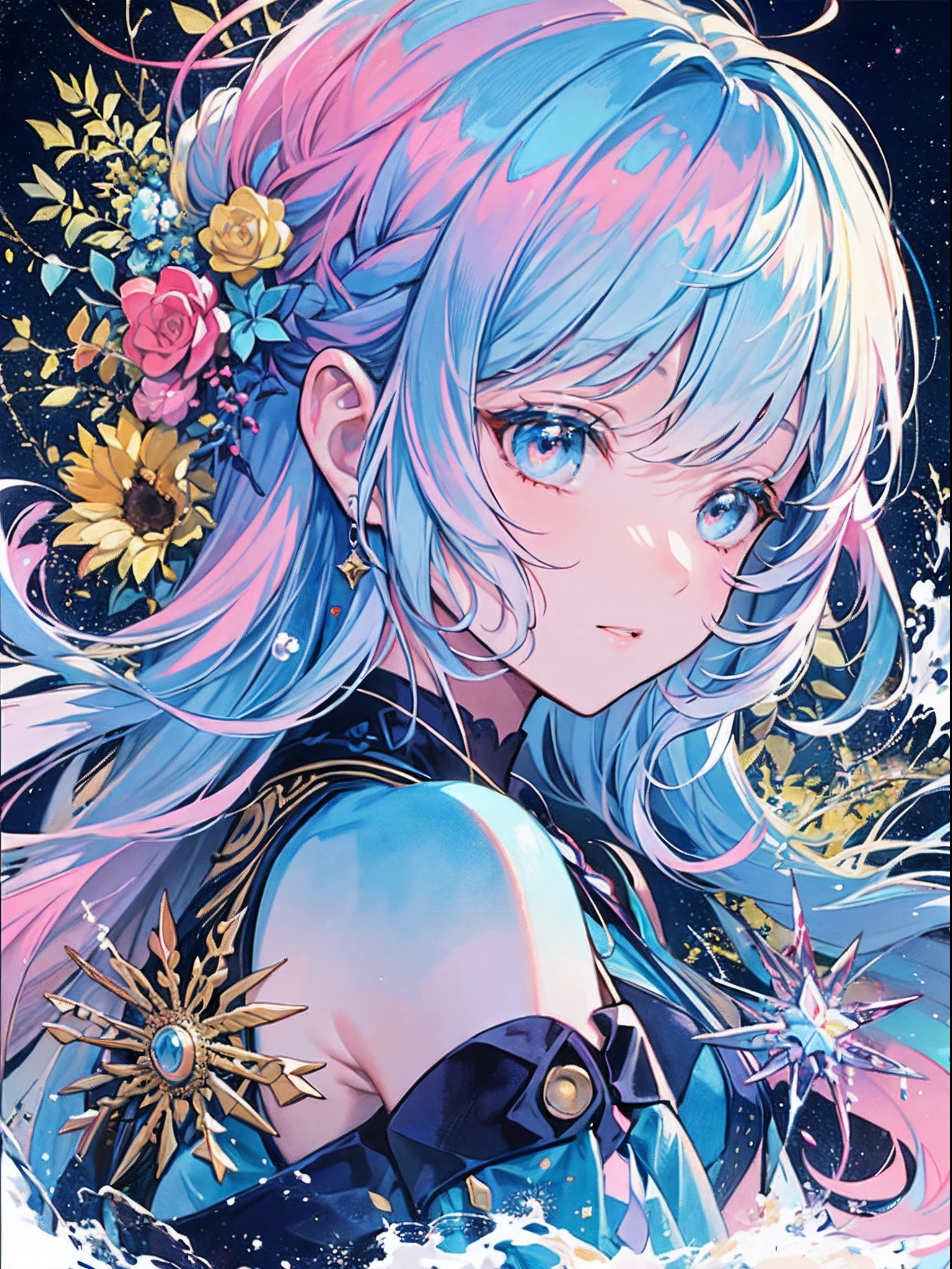(​masterpiece、top-quality、top-quality、watercolor paiting(afro)、brown skin, Official Art、Beautifully Aesthetic:1.2)、(1girl in:1.3)、(Fractal art:1.3)、The upper part of the body、from side、looking at the viewers、patterns、(blue-colored hair、colourful hair、Half blue and half pink hair:1.2)、Eau、liquids、​​clouds、colourfull、starrysky、stele、Splashes of bright colors、Rough kanji、