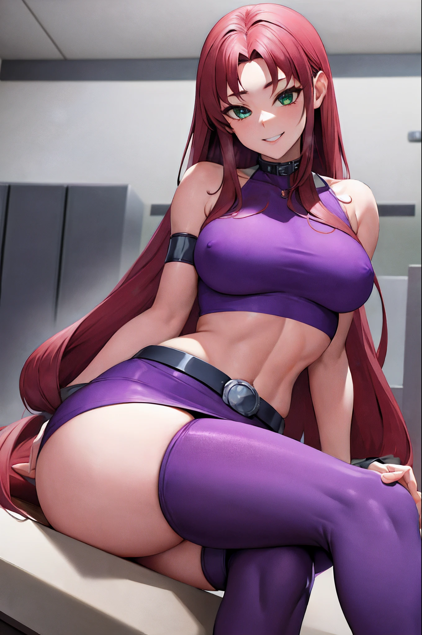 masterpiece, best quality, highres, sf1, midriff, purple skirt, crop top, purple thighhighs, bare shoulders, belt, sitting, smile, indoors, crossed legs, (NSFW), PANTYSHOT, Pov upskirt,