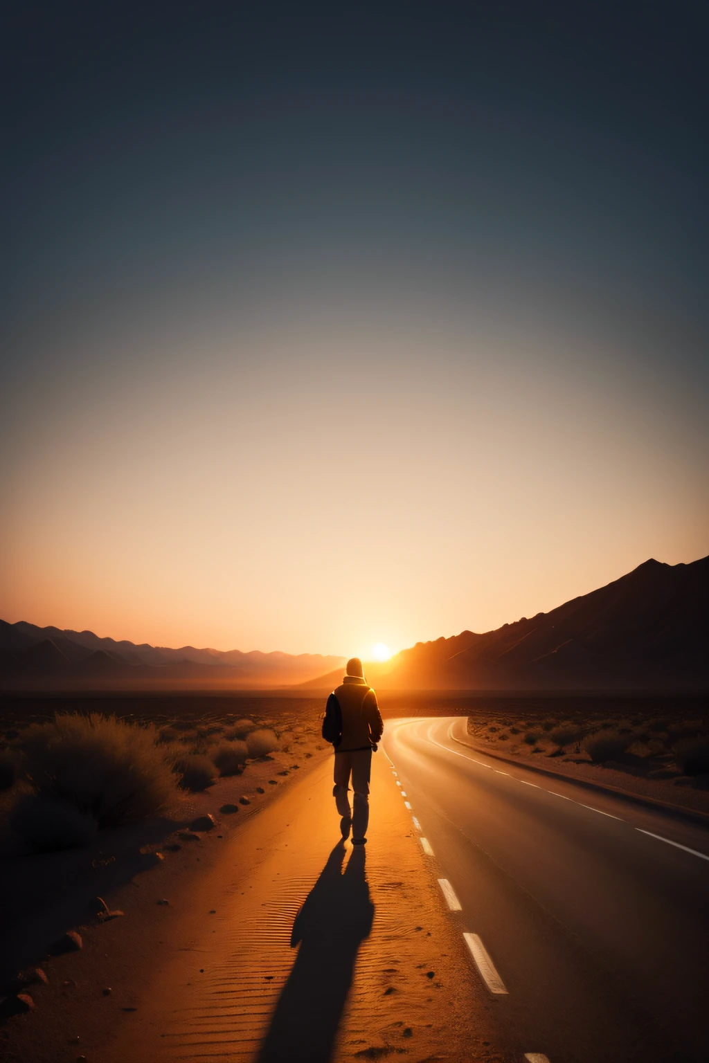 a man walking alone at a desert road, lonely, sundown, silhouette
