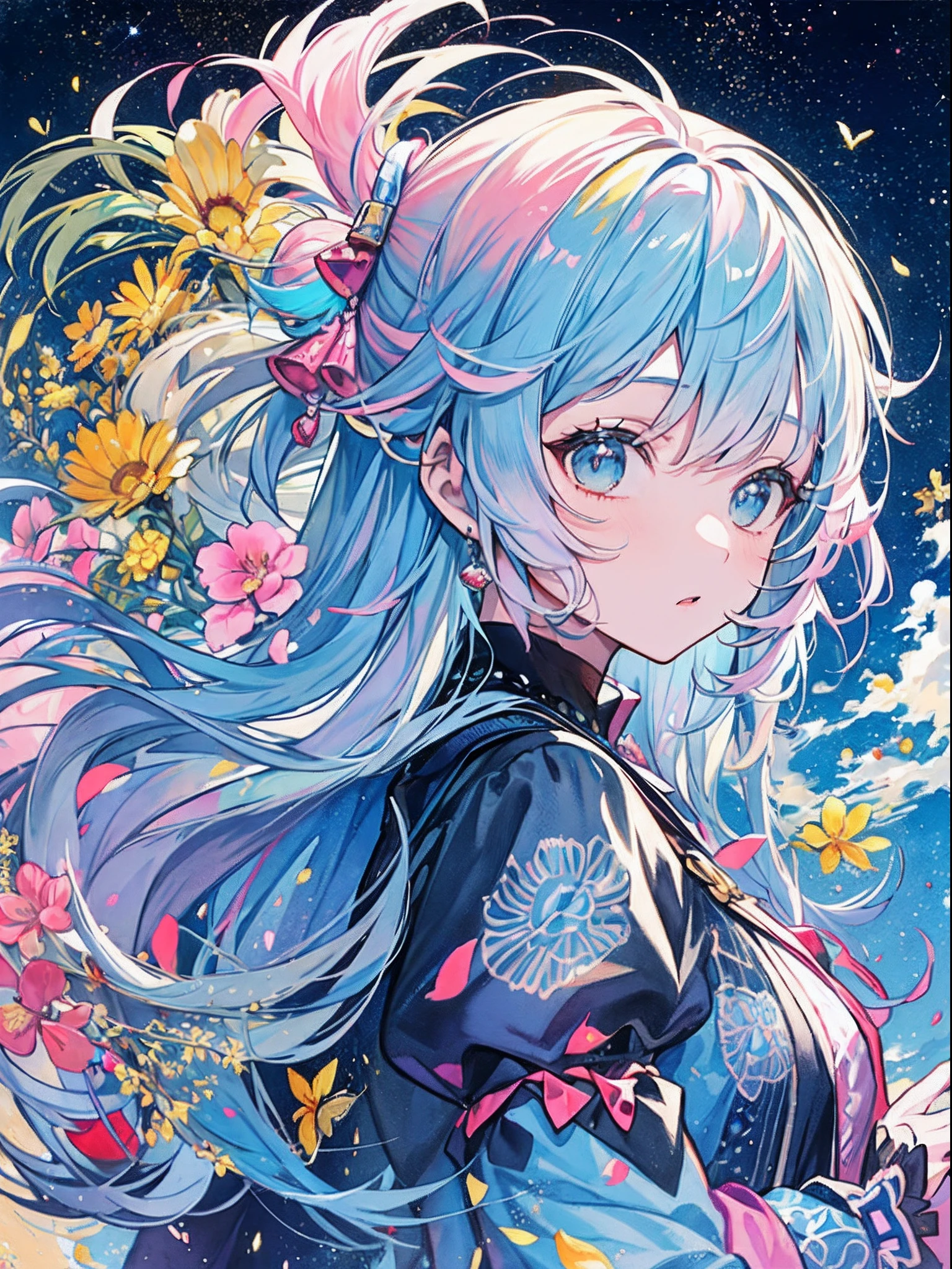 (​masterpiece、top-quality、top-quality、watercolor paiting(afro)、brown skin, Official Art、Beautifully Aesthetic:1.2)、(1girl in:1.3)、(Fractal art:1.3)、The upper part of the body、from side、looking at the viewers、patterns、(blue-colored hair、colourful hair、Half blue and half pink hair:1.2)、Eau、liquids、​​clouds、colourfull、starrysky、stele、Splashes of bright colors、Rough kanji、