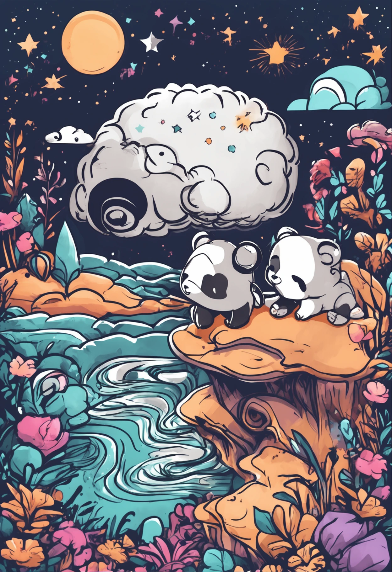 sticker 2d design, a cute adorable panda, for boys and girls t-shirt design, Collage, Clay, Fantasy, 32-bit, 35-70mm, Logo, Accent Lighting, Spectral Color, Pencil drawing, Boken effect, Anime, Kitschy, A winding path illuminated by a million stars.