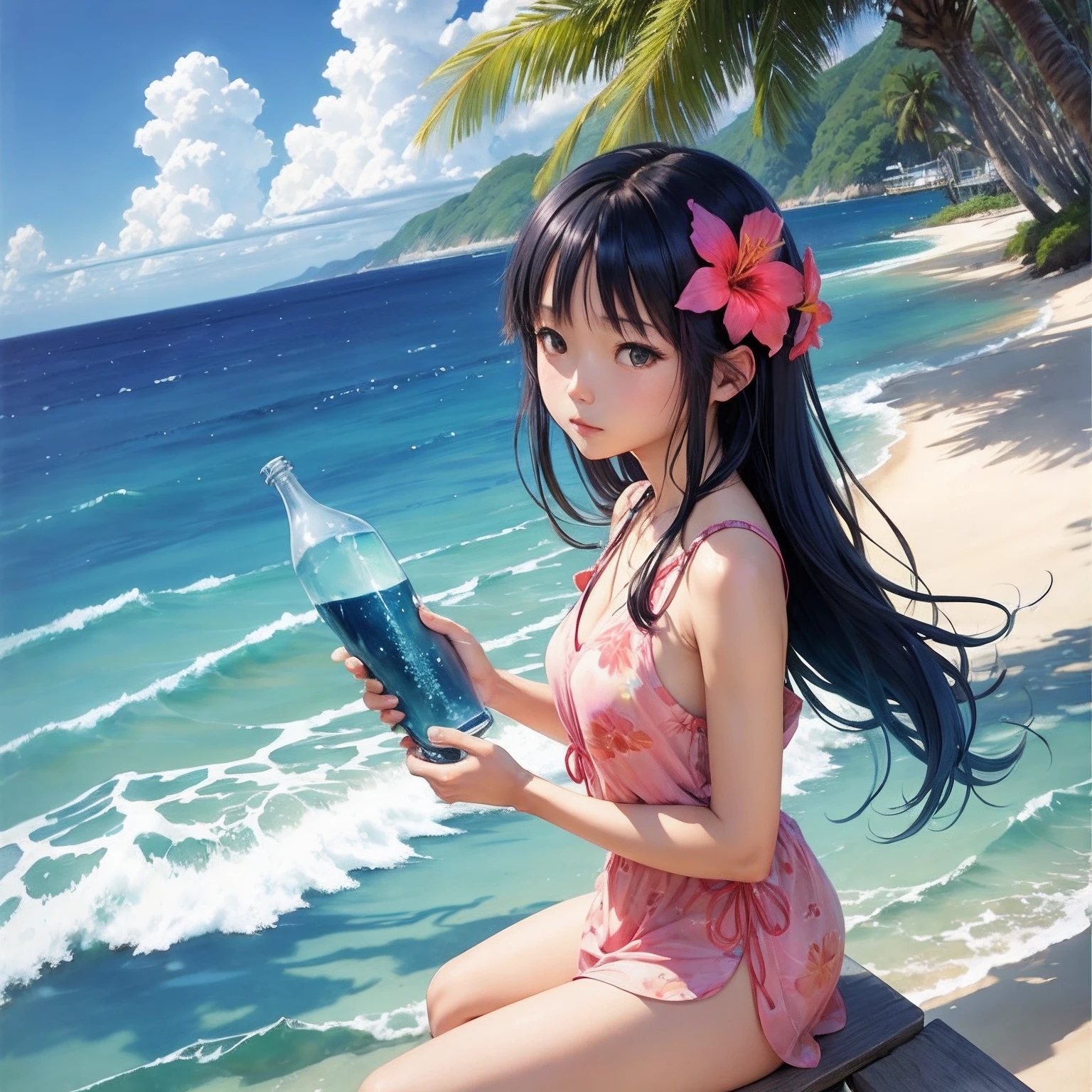 Hoshino Cole、nigh sky、sea side、The corals、mermaids、watercolor paiting、Bottleship、Palm trees、hibiscus