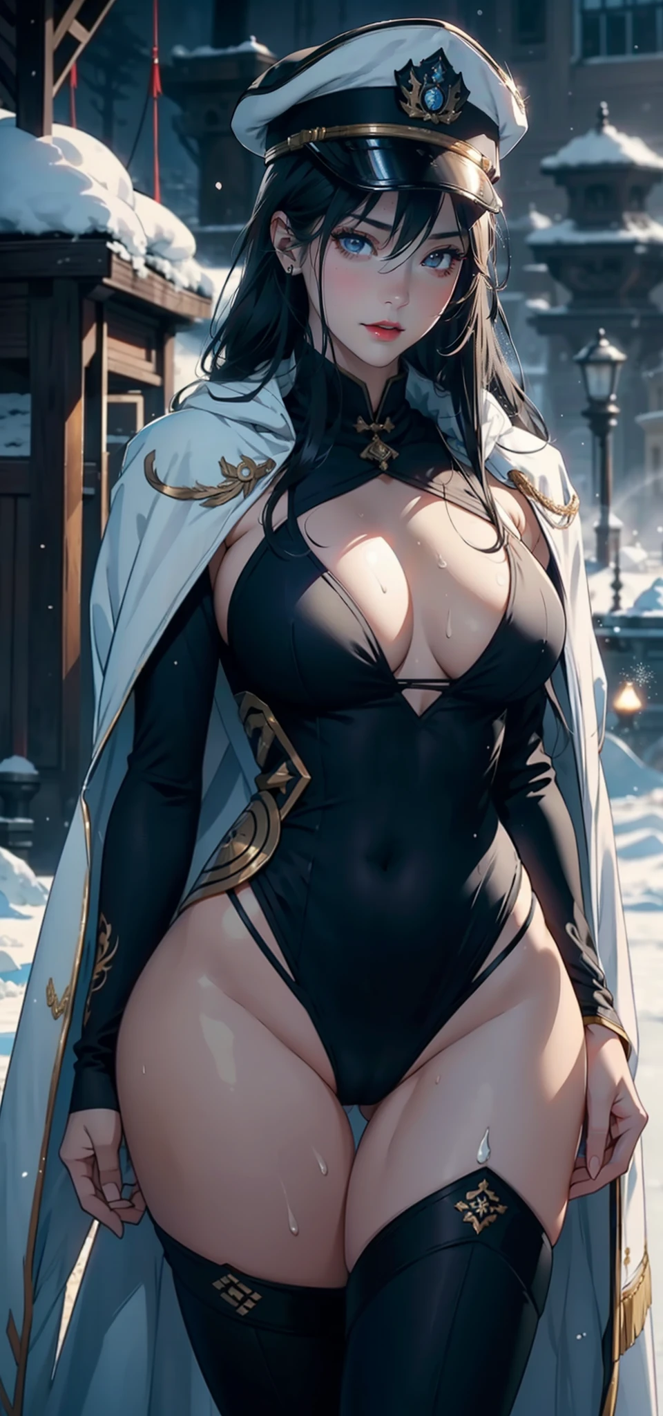 91 females，36 years old，multiple persons，熟妇，mature，Bigchest，??????????? Thin waist，long leges，Raised ????，Pornographic exposure， 独奏，Beauty contests，standing on your feet（Background with：the sea，snow mountains，warships，at winter season，Blizzarding，Big snowflakes）On warships， with his long black hair，Long hair flutters in the wind，dynamicposes，Sweat profusely，drenched all over the body，seen from the front， hair straight， mostly cloudy sky，（（（tmasterpiece），（Very detailed CG unity 8K wallpaper），best qualtiy，cinmatic lighting，detailed back ground，beatiful detailed eyes，Bright pupils，（Very fine and beautiful），（Beautiful and detailed eye description），Black eyes，Redlip，ultra - detailed，tmasterpiece，）），facing at camera，（The upper part of the body），A high resolution，ultra - detailed），revealing ???????，???? ?????????，  Bulge，legs are open，sexyposture，Camel toes，Flushed complexion，Open-mouthed，frontage，military officer，Officer's cap（Wearing：White cloak，down jacket，Winter officer uniform，black legging pants，Armour，Gold wire embroidery，Snowflake decoration）