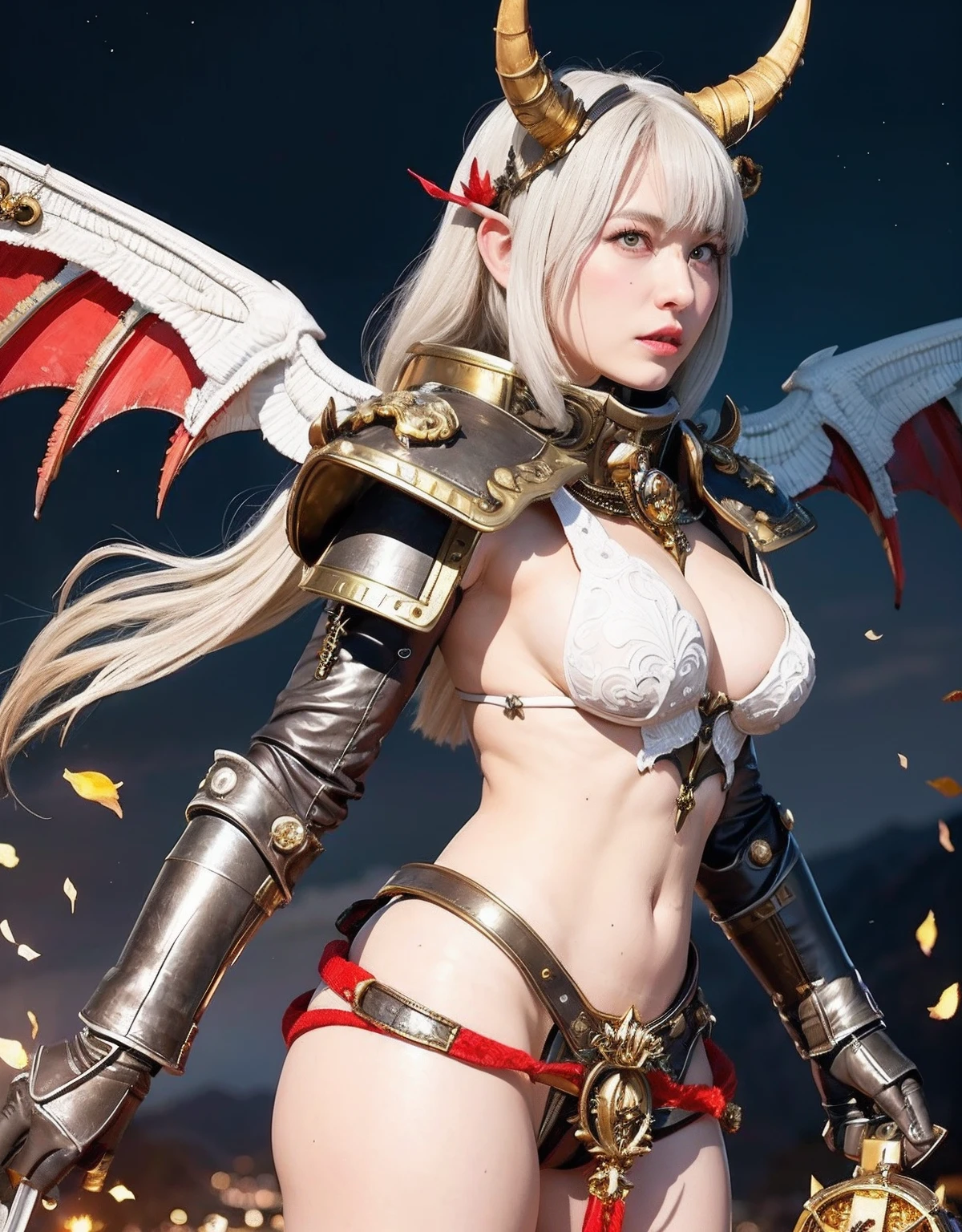 Professional , masterpiece、top-quality、photos realistic , depth of fields 、Idle Smile、(White Gemstone Body:1.2),(Matte white with gold pattern、Mystical expression、(cleavage of the breast)、Jewel Gold Weapon、Particles of light),Gorgeous gold weapons ,(( Dragon dense and gorgeous dragon sword)) , (demonic wings) ,warhammer 40k 、((White hair))、(Castle background)、(demonic wings)、((Gangle's forest background))、Beautiful Caucasian beauty、1a person、dynamic ungle,(((Two devil's horns on the head)))、Smaller head、Idle Smile、Thin and beautiful female hands、cleavage of the breast、Mystical expression、Light Effects、intense fighting、Wind-effect、magic circles、With the legendary magic wand、Dragon's tail、