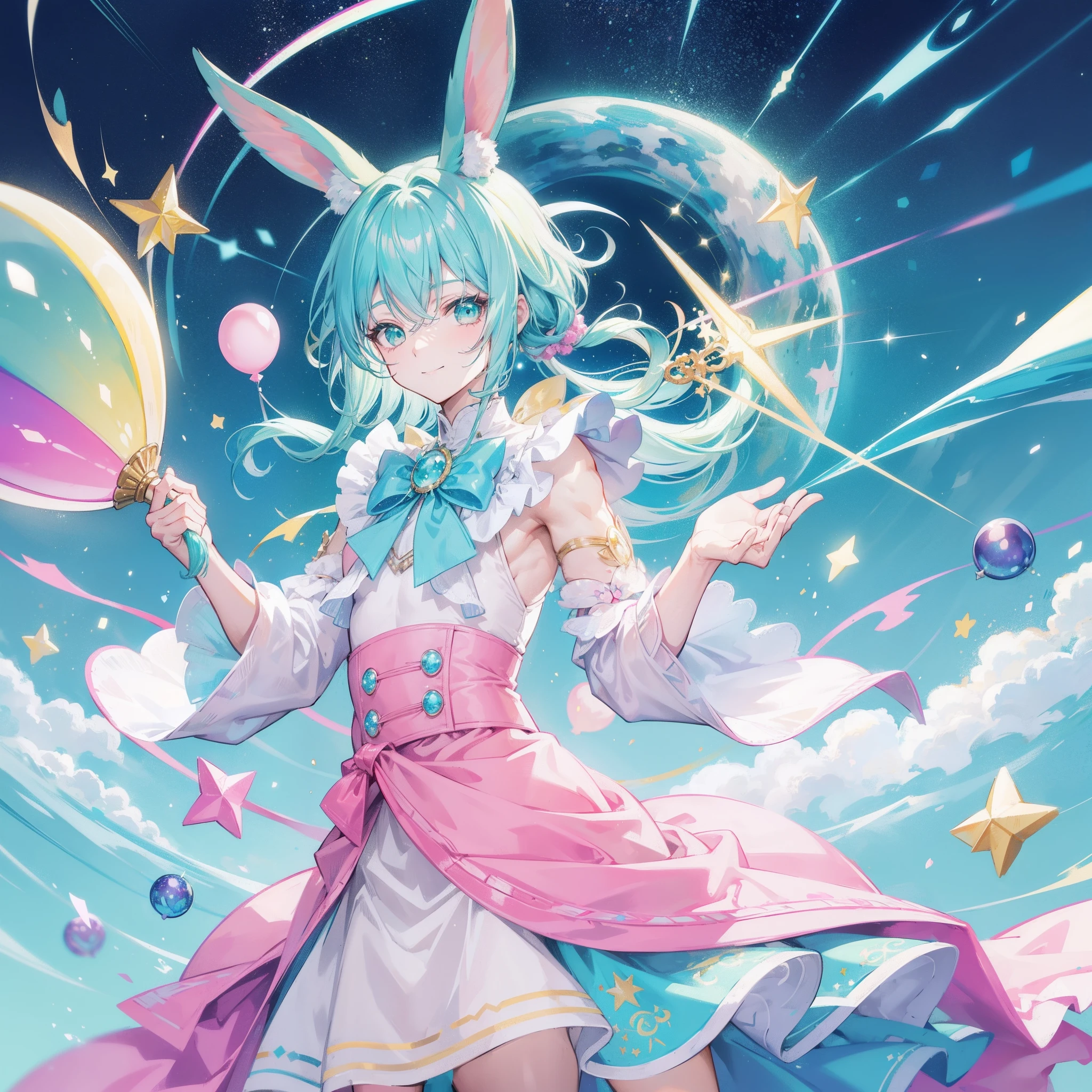 ung hunk man, aquamarine hair with yellow strands, shiny green eyes, pastel blue rabbit ears, Smile, holding a pink magical wand, Masterpiece, hiquality,starry backround,rainbow ballons,pixie dust,stars,green classy outfit,standing,happy face,muscled man,classy