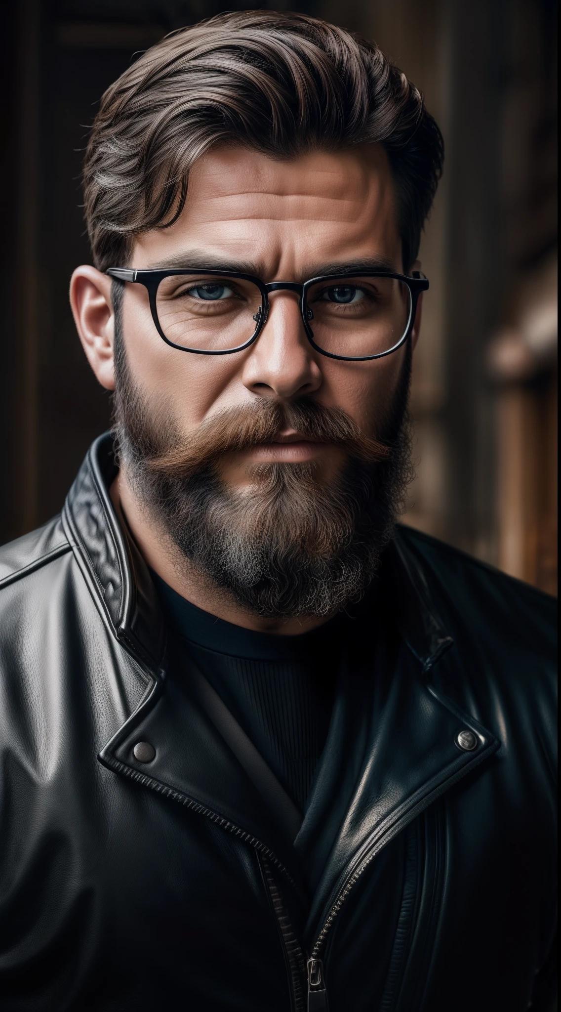 an ultra-realistic portrait photograph of a masculine motorbike rider with glasses, a detailed beard a beautiful painting with 4k detailed textures, and a highly detailed face close up on the face,