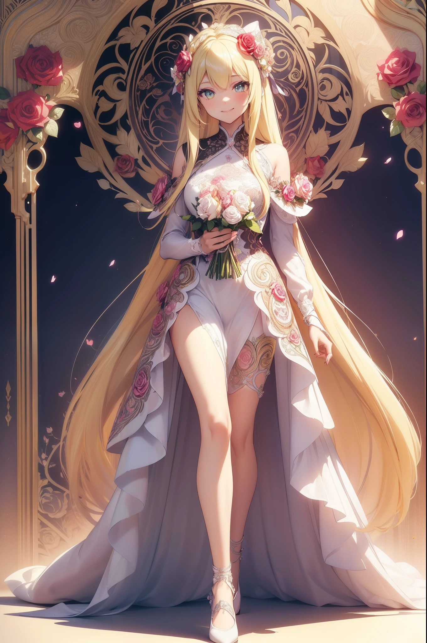 (masterpiece), (Best Quality), (White background:1.4),(a girl, Happy smiling face, Looking to the Viewer, Colorful long straight hair, Contemporary Girl)，(Big yellow crystal eyes), (Long Platina Blonde Straight Hair:1.5), (Art Nouveau illustration:1.4),(Reasonable design, Clear lines, High Sharpness,Best Quality, Very detailed, masterpiece, Movie Light Effects, 8K ), ((rose, rose, rose, having a rose flower heart form bouquet at hand)), ((3D)), Colorful, Falling soft sun rays, Happy, (zen tangle art:1.2), full body, model walking, Paris collection runway,