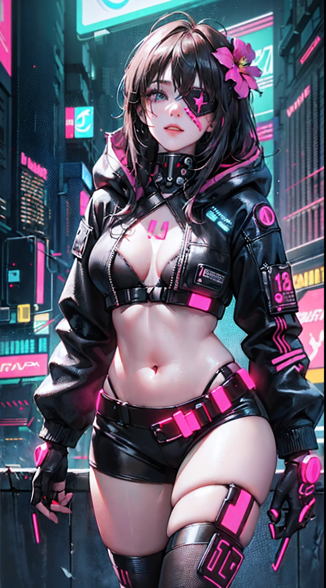 (1girl in)、(Plump beauty)、(30-years old)、(very long gray hair)、(Top image quality)、(8K picture quality)、(cyberpunked)、(masutepiece)、 (Flickering of light)、(Wear a shiny cyberpunk hooded military uniform)、(confident grin:1.2)、(an eye patch)、(Full body photo)、(Turbulent flowers々:1.5)、cinematric light, Cinema Shadow, Sharp Image, Extremely detailed, Volumetric, Bright sprites, particles effect, beautiful effects, Vivid colors, neons, (Neon light:1.5), Highly detailed image textures, detailed hairs, Detailed face, Detailed eyes, Full body photo, city、Dark hair、Eyes glow、Sparkling red aura、Photo from the knee up、beautiful effects, Vivid colors, Highly detailed image textures, detailed hairs, Detailed eyes,(Cyberpunk cityscape:1.5)、