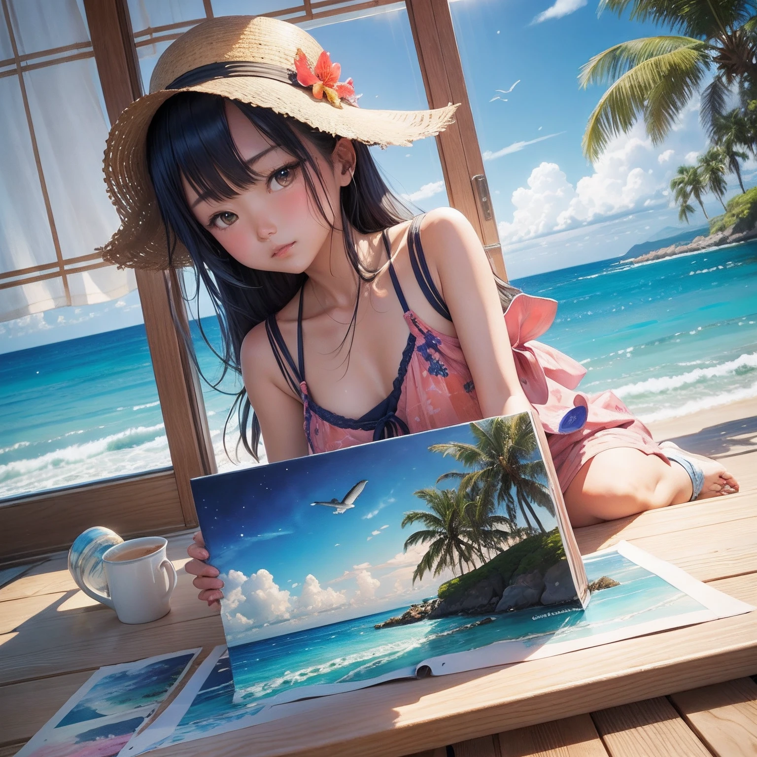 Hoshino Cole、nigh sky、sea side、The corals、mermaids、watercolor paiting、Bottleship、Palm trees、hibiscus