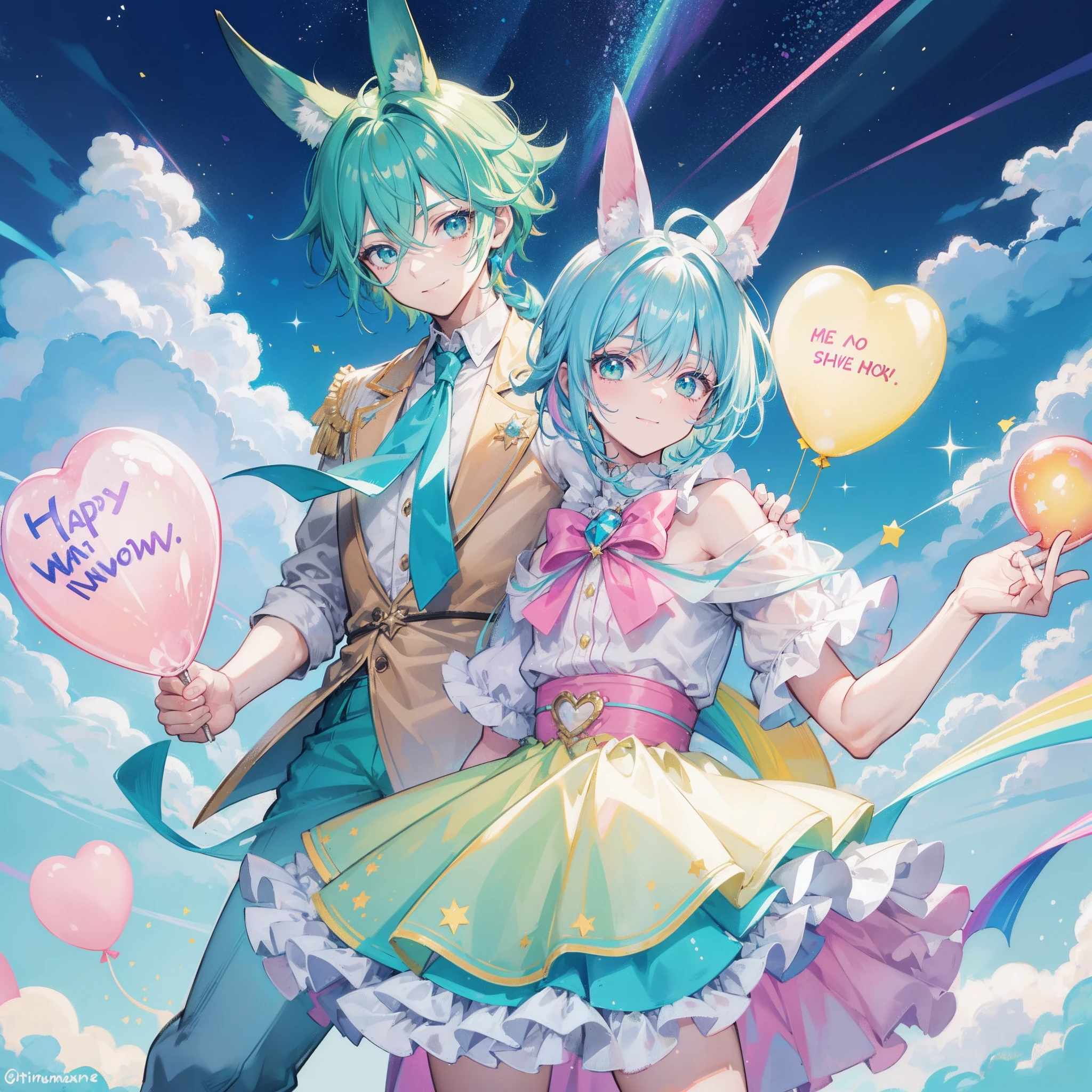 1Young hunk man, aquamarine hair with yellow strands, shiny green eyes, pastel blue rabbit ears, Smile, holding a pink magical wand, Masterpiece, hiquality,starry backround,rainbow ballons,pixie dust,stars,green classy outfit,standing,happy face,muscled man,classy