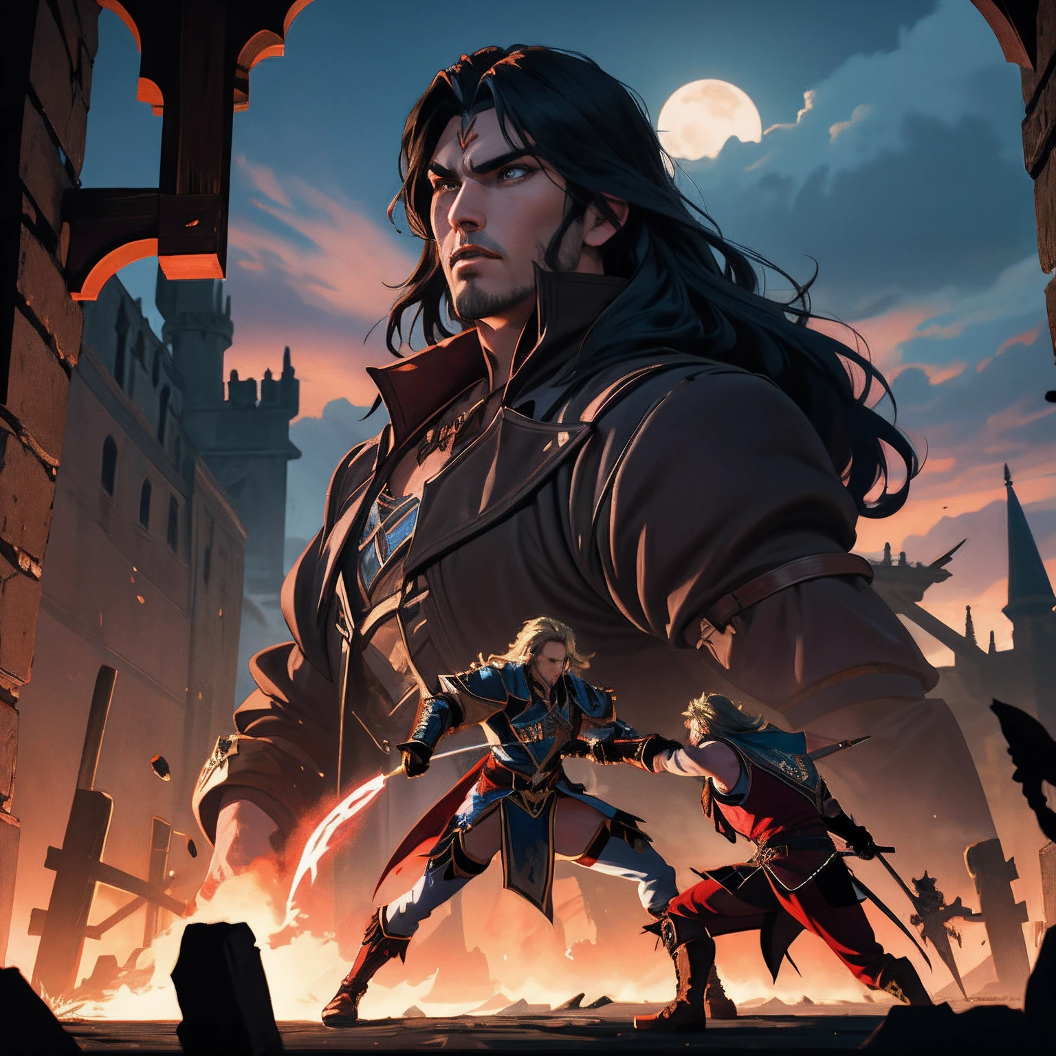 Castlevania Shadow Lord hyper realistic super detailed Epic War battle between men Warriors