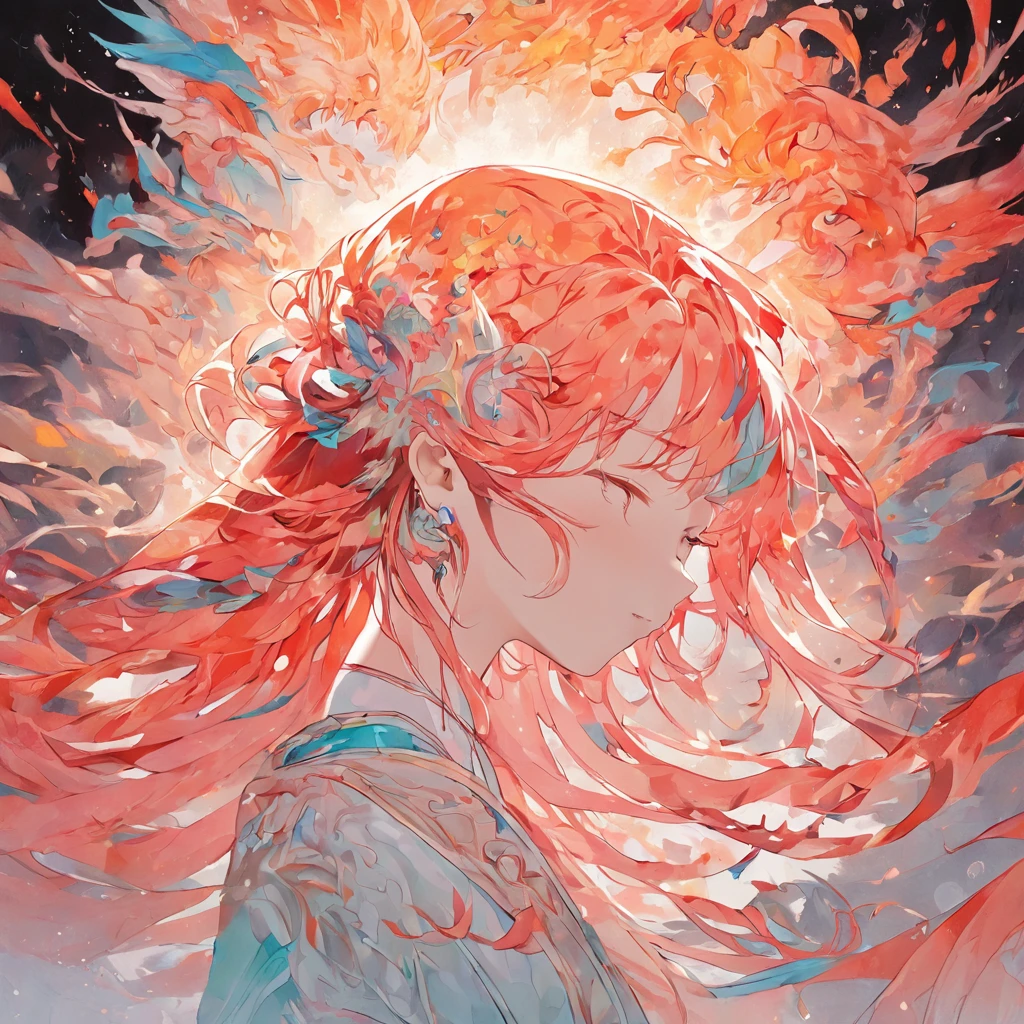 (White background:1.4),(Silhouette of a girl's head, Eyes closed, colorfull long hair, Oriental elements),(Chinese illustration:1.3,paper art:1.3, Quilted paper art:1.2),( reasonable design, Clear lines, High sharpness,Best quality, Very detailed, Masterpiece, movie light effect, 4K )