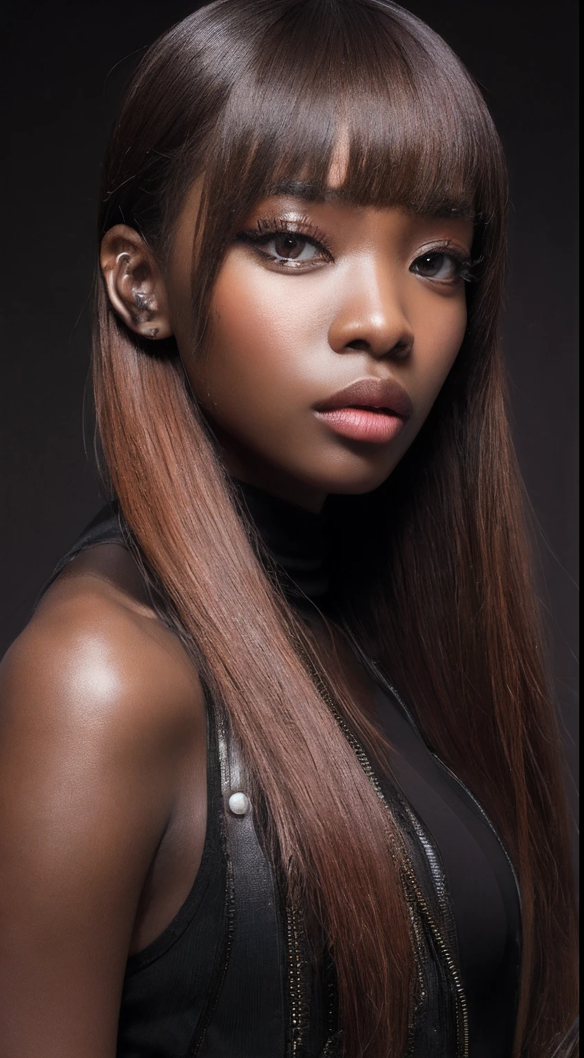 one African model , hair model, Unique hair details, cyberpunk fashion, Near future, Curvilinear details, double eyelid, plump lips, professional makeup