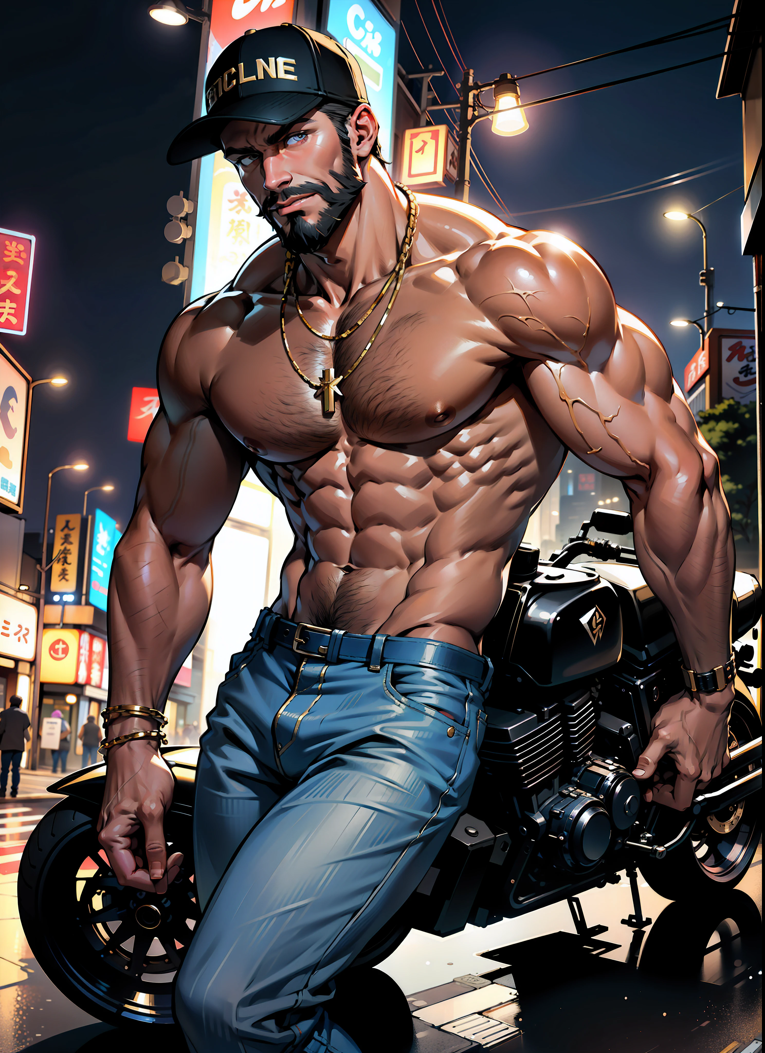 1man,short hair, muscular, beard,baseball cap,shirtless, no shirt, hairy muscular chest, gold chain, necklace, open jeans, lamppost,(masterpiece, best quality, highres, ultra detailed ),tokyo \(city\), night, (driving a motorcycle on the street ) , looking at viewer, front view,