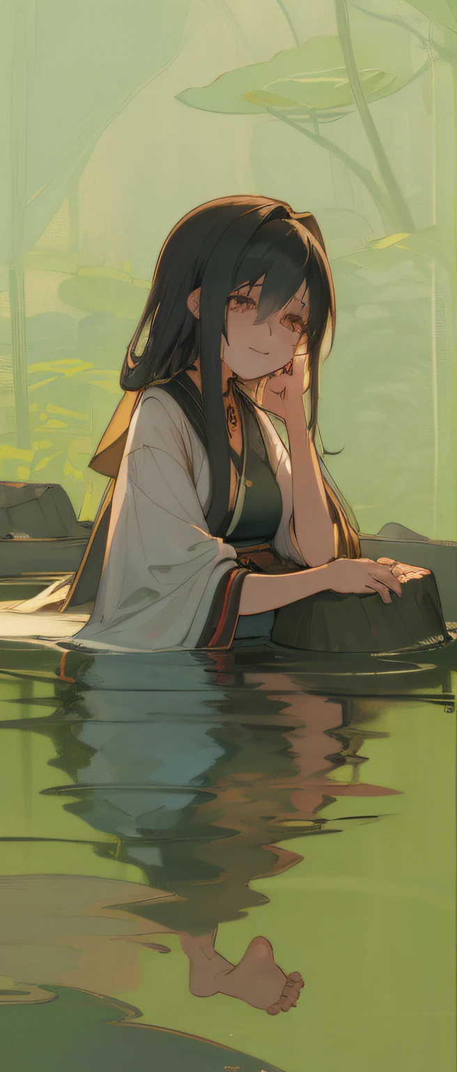((4K,Masterpiece,Best quality)), shuimobysim, Traditional Chinese painting, lotuses, Hanfu, maxikit, Dress conservatively 1girl, Solo, Long black hair, Smile and cry, sitting on the stone, feet in water, The barefoot,