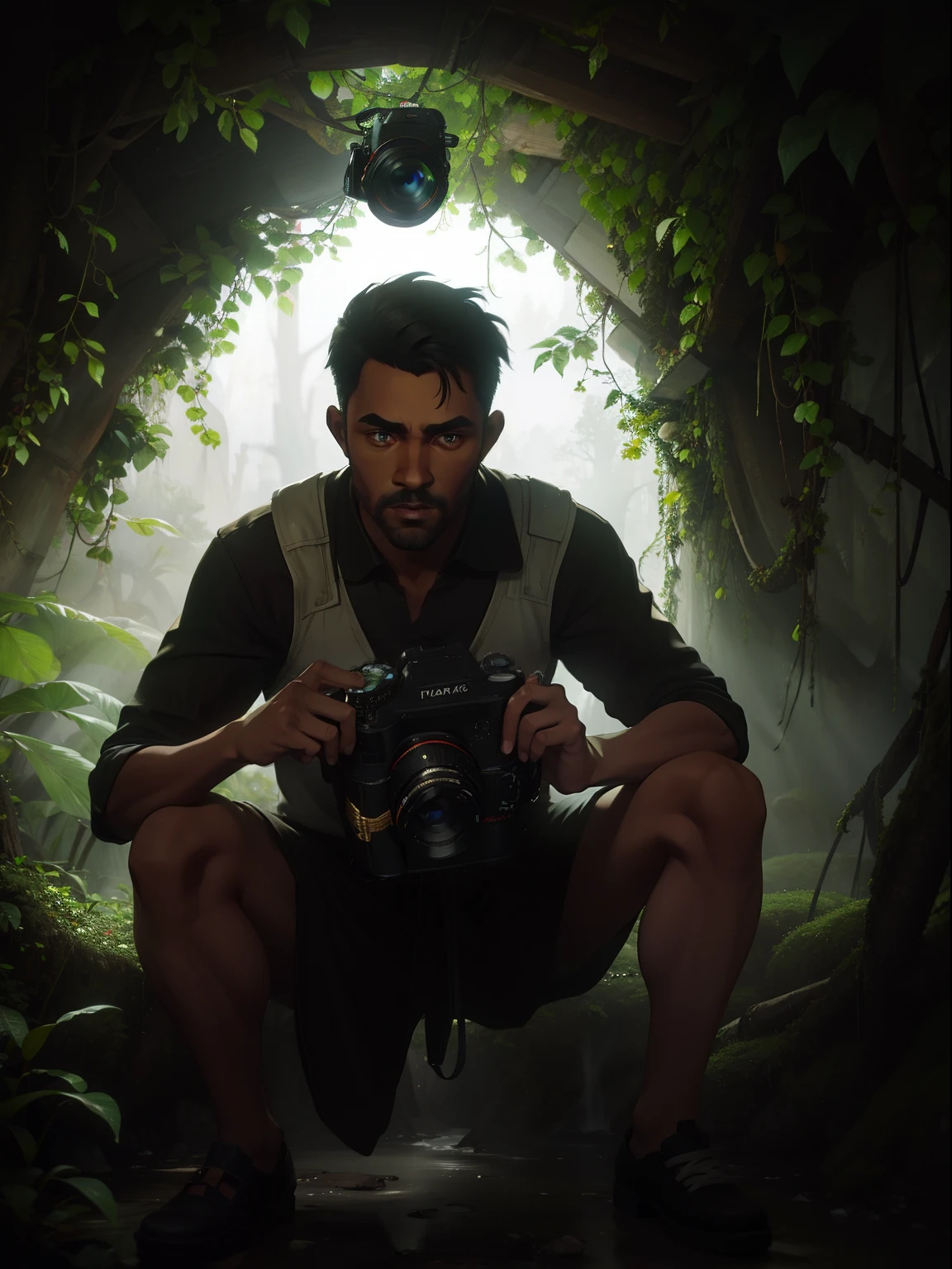 Personge negro em uma floresta olhando para a camera