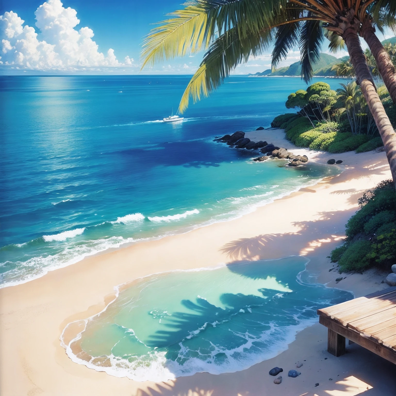 Hoshino Cole、nigh sky、sea side、The corals、mermaids、watercolor paiting、Bottleship、Palm trees、hibiscus