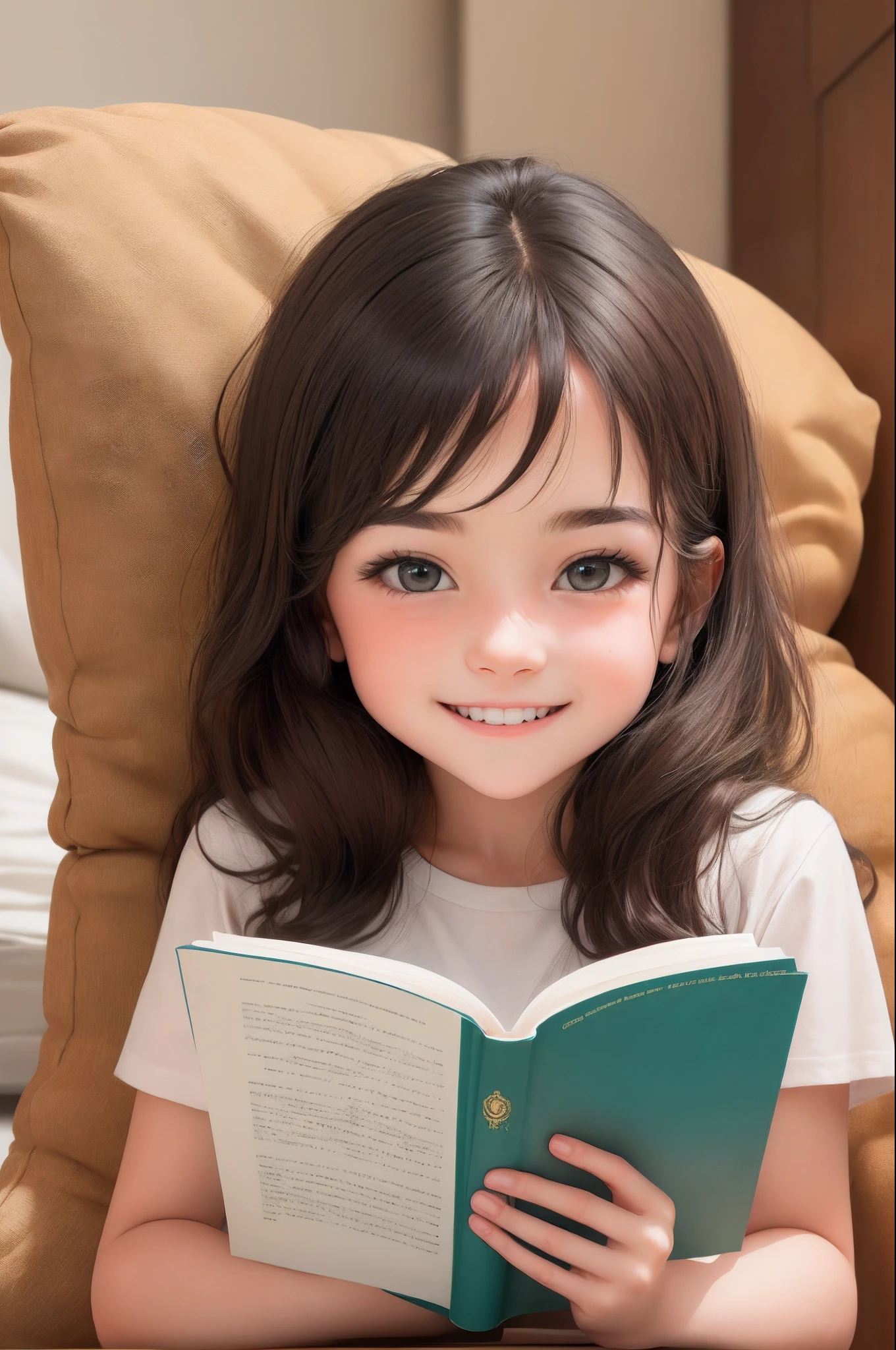 Girl who loves Jesus prays and reads the Bible. The girl is small, she's a kid. A tem apenas 5 anos de idade. A menina pele marrom, olhos pretos, grandes e brilhantes. The girl is happy. The girl embraces the Bible.