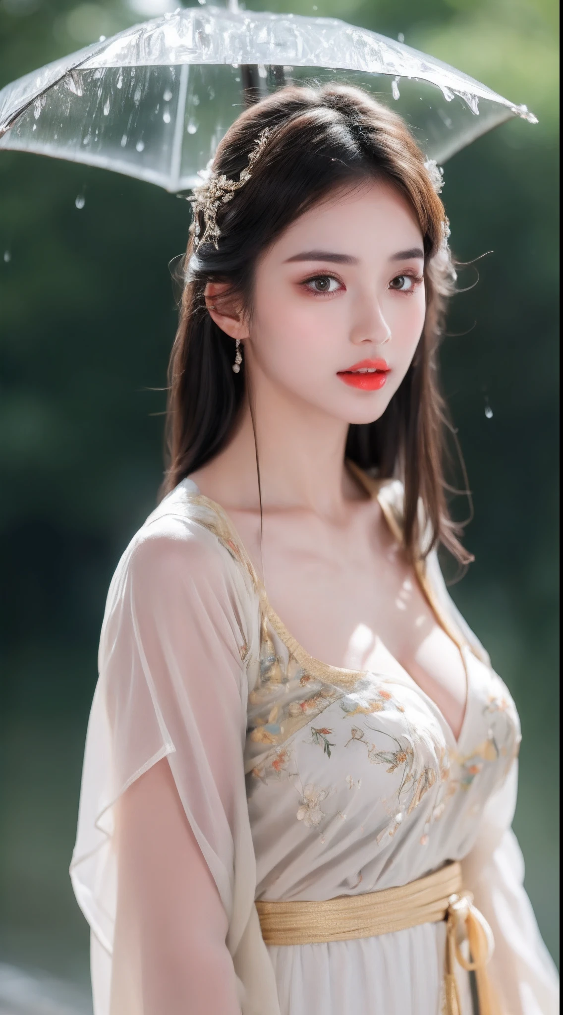 ((Best Quality, 8k, Masterpiece: 1.3)), Focus: 1.2, Perfect Body Beauty: 1.4, Buttocks: 1.2, ((Layered Haircut)), (Wet Clothes: 1.1), (Rain, Street:1.3), (Breasts: 1.2), (Hanfu: 1.2), Bare Shoulders, Bare Legs, Highly Detailed Face and Skin Texture, Fine Eyes, Double Eyelids, Whitened Skin, Long Hair, (Shut Up: 1.5), (Bokeh Background: 1.5), Big Breasts