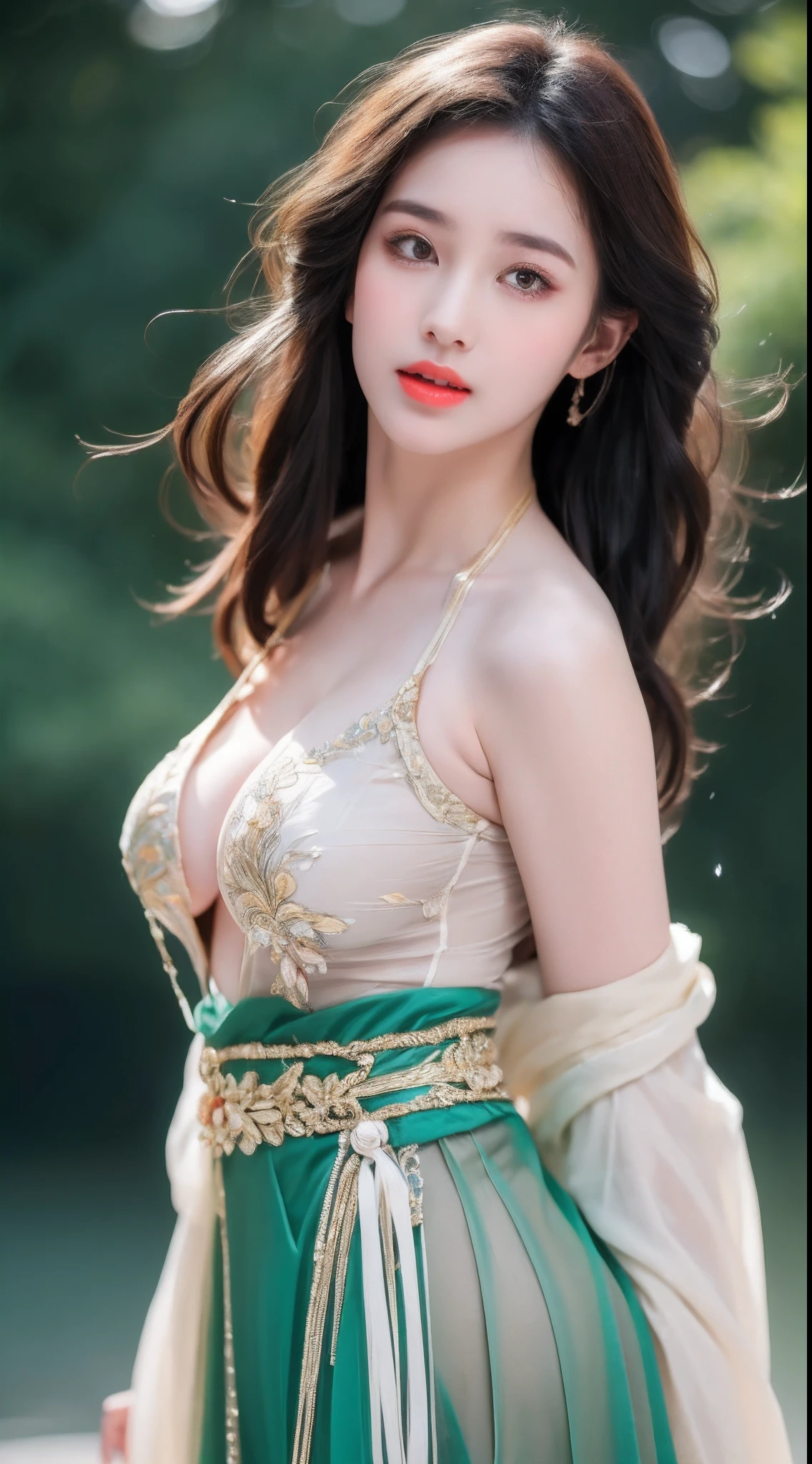 ((Best Quality, 8k, Masterpiece: 1.3)), Focus: 1.2, Perfect Body Beauty: 1.4, Buttocks: 1.2, ((Layered Haircut)), (Wet Clothes: 1.1), (Rain, Street:1.3), (Breasts: 1.2), (Hanfu: 1.2), Bare Shoulders, Bare Legs, Highly Detailed Face and Skin Texture, Fine Eyes, Double Eyelids, Whitened Skin, Long Hair, (Shut Up: 1.5), (Bokeh Background: 1.5), Big Breasts