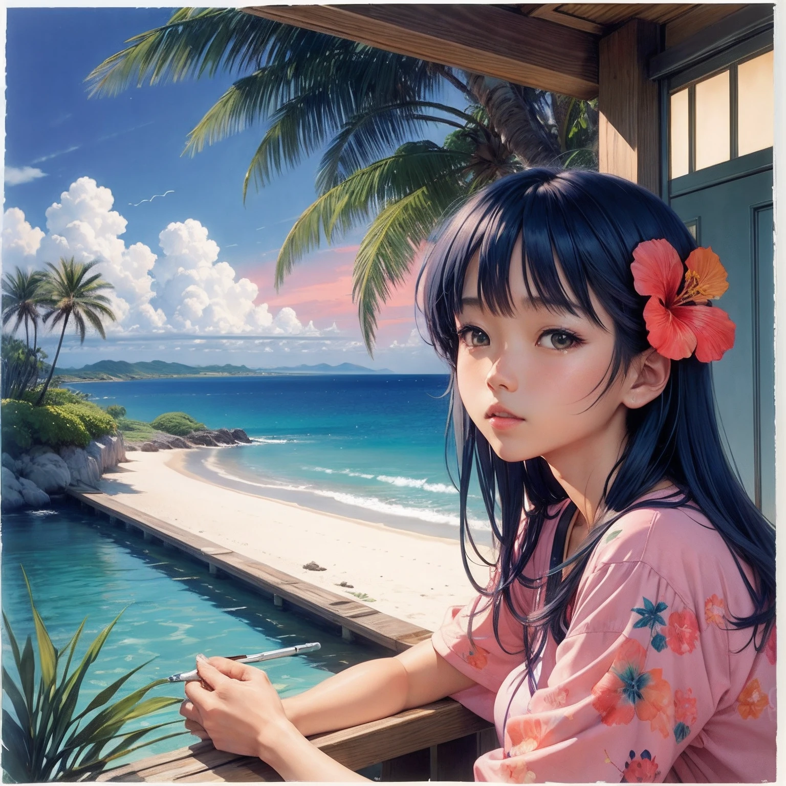 Hoshino Cole、nigh sky、sea side、The corals、mermaids、watercolor paiting、Bottleship、Palm trees、hibiscus