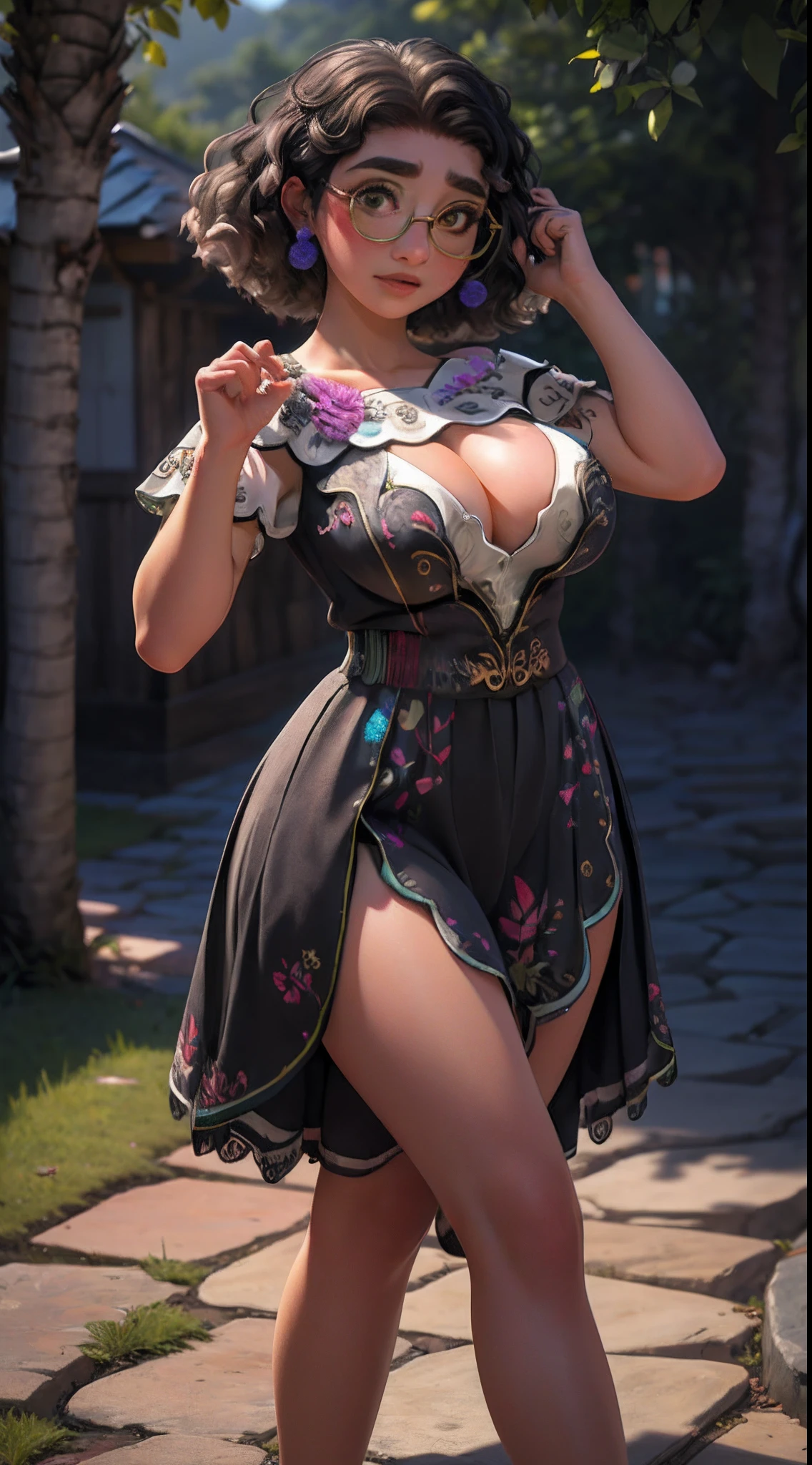 photography, bokeh, highres, ultra detailed, intricate details, absurdres, masterpiece, BREAK
1girl, beautifully detailed woman, full body view, big breasts, big tits, voluptuously legs under dress, beautifully detailed mouth, extremely detailed eyes and face, beautiful detailed eyes, matte eyeshadow, eyelashes, eyeliner, ultra glossy lipstick, (pouty lips:1.3), makeup, blush, BREAK
sexy pose, sweat, narrow waist, large hips, gigantic breasts, barefoot, BREAK
detailed background,  BREAK
Mirabel madrigal, glasses, BREAK