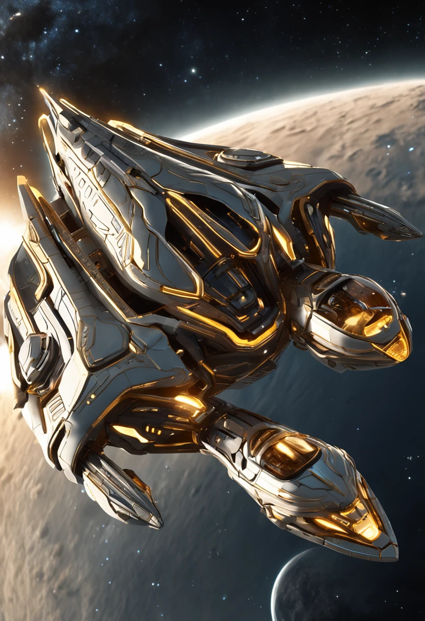 ivory white and gold plated starship like the starcraft protoss, spaceship with two wings flying in the sky at night, dark ( spaceship ), scifi spaceship, cartoon fantasy spaceship, futuristic spaceship, alien space ship flying in space, spaceship far on the background, spaceship in dark space, futuristic starship, detailed spaceship, spaceship, space ship in space, legendary space ship, big weird spaceship, small starship near, space ship