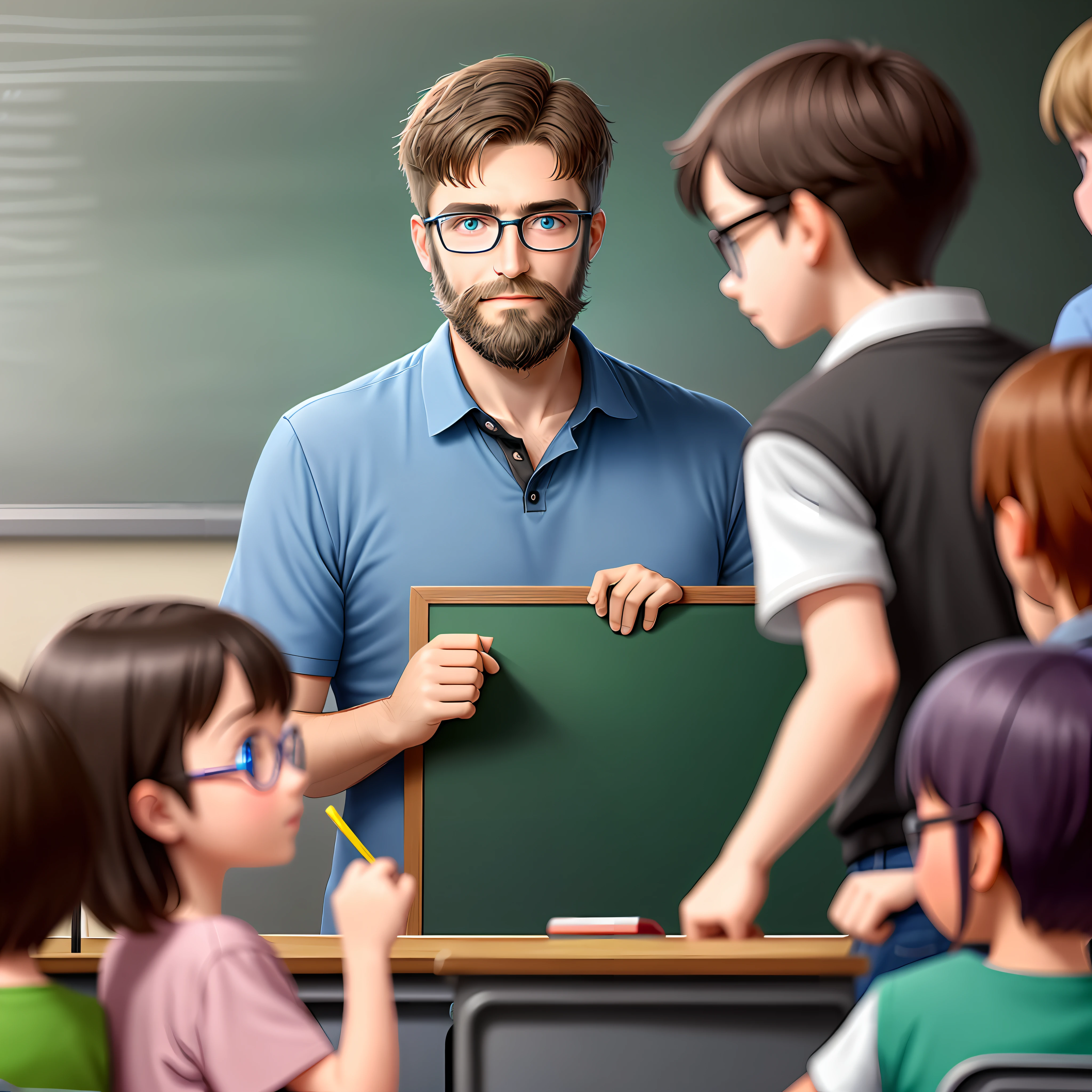 digital art, one male teacher with small beard, short hair, glasses, and blue eyes, in a Classroom with many children students girls, behind them a green board, masterpiece