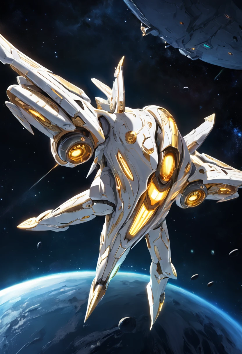 ivory white and gold plated starship like the starcraft protoss, spaceship with two wings flying in the sky at night, dark ( spaceship ), scifi spaceship, cartoon fantasy spaceship, futuristic spaceship, alien space ship flying in space, spaceship far on the background, spaceship in dark space, futuristic starship, detailed spaceship, spaceship, space ship in space, legendary space ship, big weird spaceship, small starship near, space ship