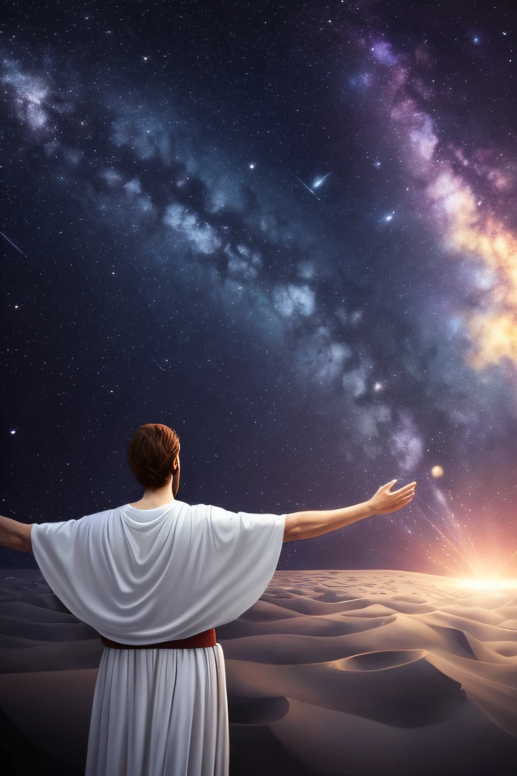 Deus andando no deserto, olhos azuis, 8k, Pessoas ao seu redor, mirage in the background DAVID OF THE BIBLE RED HAIR Jesus walking on water in the middle of a storm, obra-prima, melhor qualidade, alta qualidade, papel de parede 8k de unidade CG extremamente detalhado, fotografia premiada, Bokeh, Depth of Field, HDR, bloom, chromatic aberration, fotorrealista, extremamente detalhado, trending on ArtStation, trend at CGSociety, intrincado, alto detalhe, dramatic, arte no meio da jornada, volumetric illumination jesus floating in the air on top of clouds with a light shining brightly on his face Jesus Christ, o centro do universo, He is tall and resolute., Looking at the galaxy with outstretched arms. As estrelas e planetas giram em torno dele, orbitando em perfeita harmonia. His robes flow in the cosmic wind, as if he were the embodiment of the universe itself. The scene takes place in deep space, with nebulae and galaxies in the background. The atmosphere is serene and peaceful, as if all creation were at peace in his presence. Artwork, A digital illustration with intricate details and vibrant colors. 16k ultra-detalhado --ar 3:2 --v 4 --q 2
INFO (galaxy creator + Having predestined us for children adopted by Jesus Christ, para si mesmo, according to the good pleasure of his will, 8k, foto RAW, melhor qualidade, obra-prima: 1.5, ultra high-resolution, fotorrealista: 1.5, cinematiclight, smooth volumetric lighting: 1.5, realista, fotorrealista: 1, pele detalhada, profesional lighting, fotografia, foco nítido, detalhado, profesional lighting, photon maping, ambiente detalhado e intrincado, altamente detalhado, melhor qualidade, artsy photography, arte conceitual fotorrealista, volumetric natural soft perfect cinematic light, MIDJOURNEYos:1.2), (Planeta Terra:0.8)) com o mundo na palma das maos --auto --s2