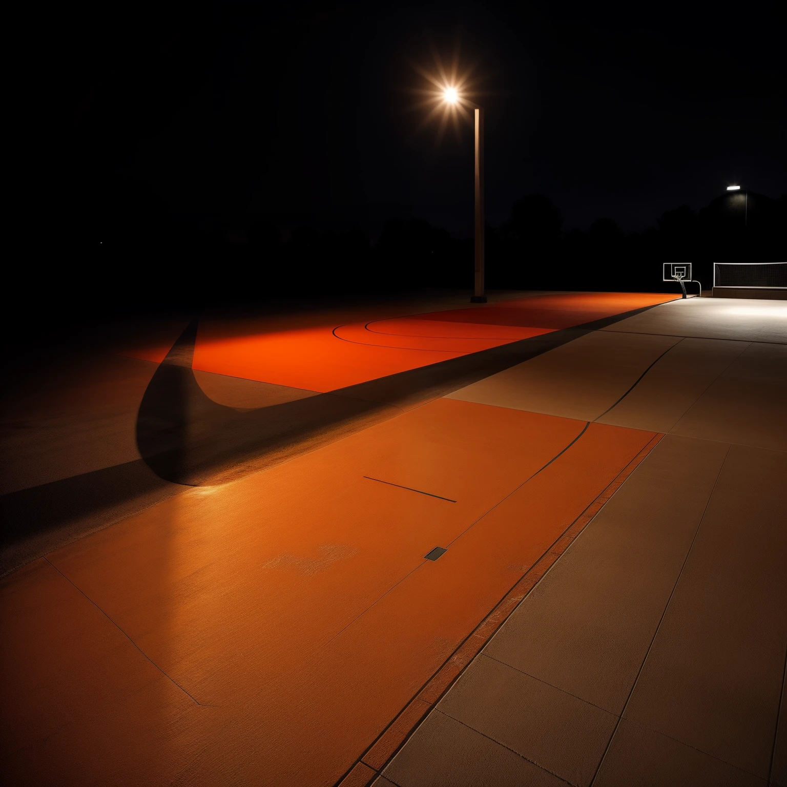 Concrete basketball court. Light from a streetlight casting shadow. Orange basketball.
