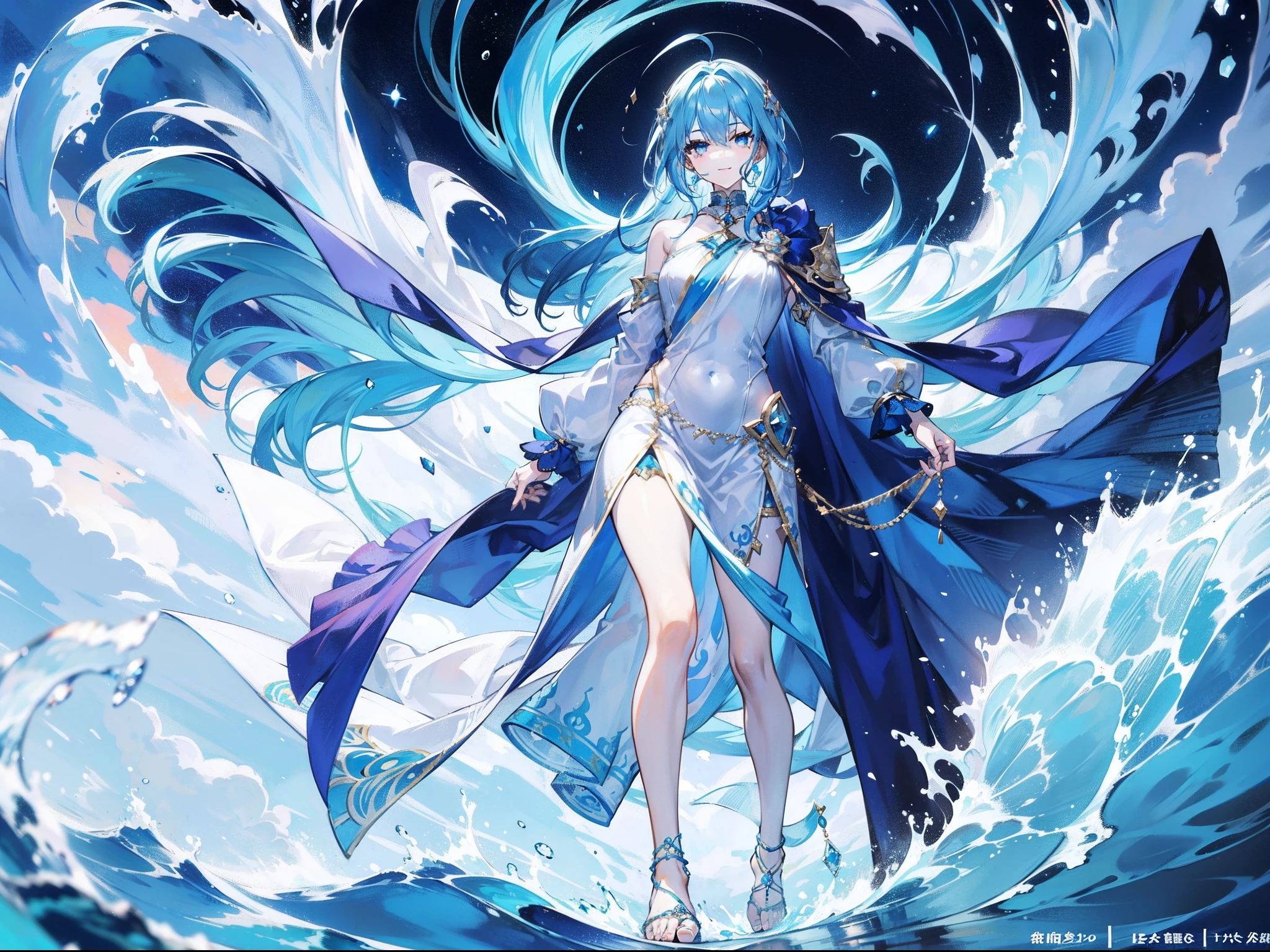 Blue-haired beautiful boy,mid - length hair,Shawl hair,Light blue clothes,A deep blue gemstone is set on the chest,Bare legged,Wear a blue ankle ring on your ankle,Staff holding a deep blue gemstone,Behind him there were terrifying waves,With a smile