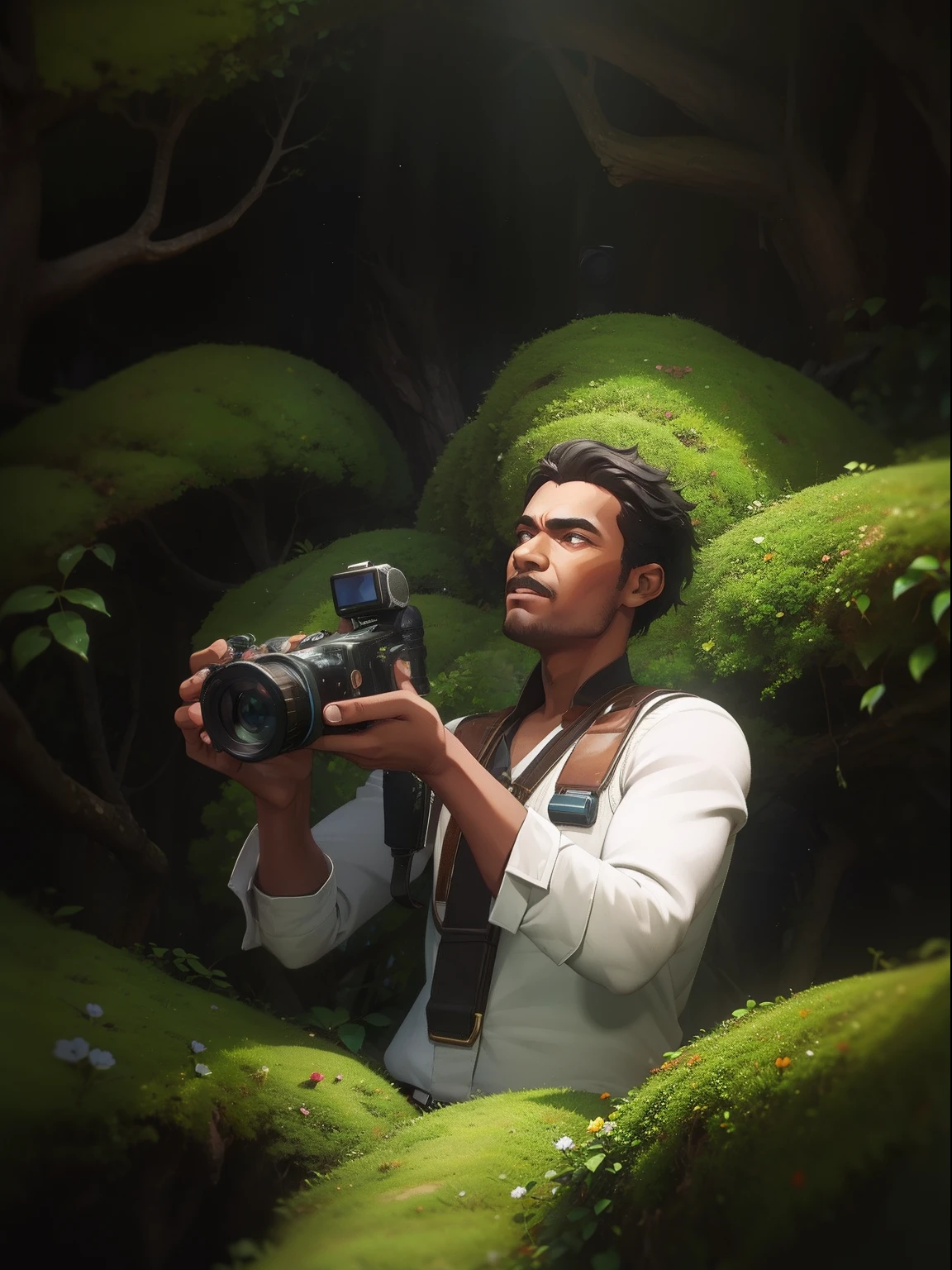 Personge negro em uma floresta olhando para a camera