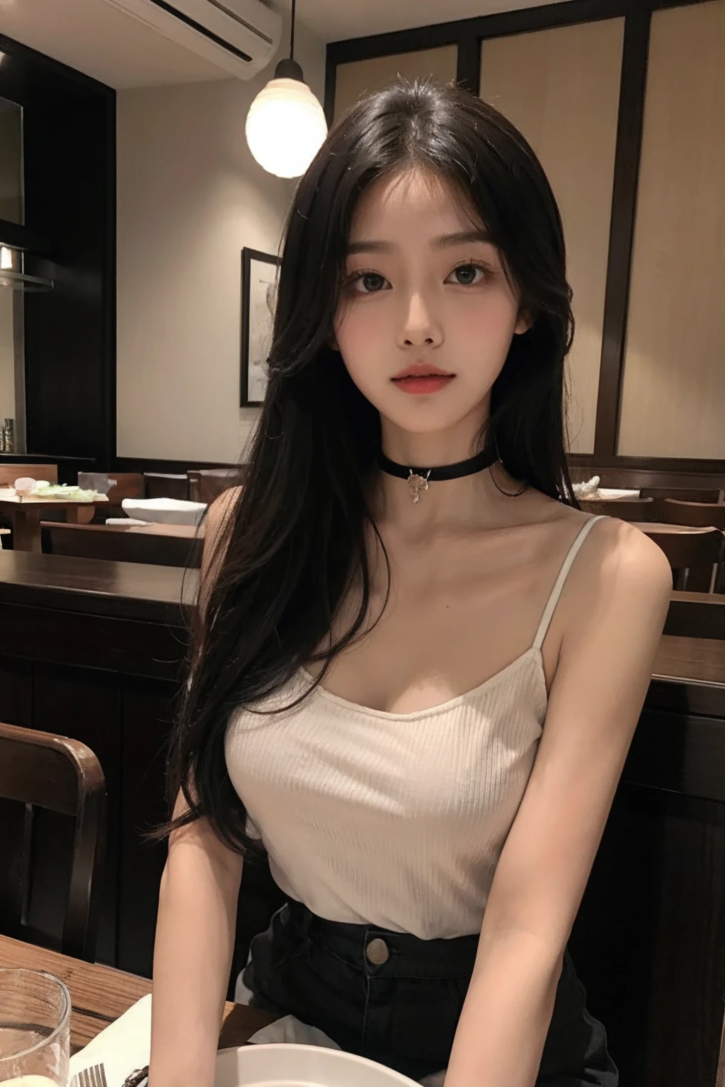best qualtiy,Original,tmasterpiece,超高分辨率,Sweet girl,Draped with hair,choker necklace,camisole,medium boob,restaurant,heal
