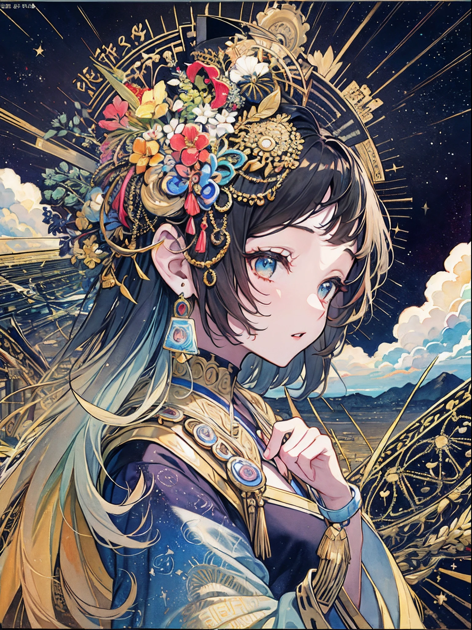 (​masterpiece、top-quality、top-quality、watercolor paiting(afrocentric)、Official Art、Beautifully Aesthetic:1.2)、(1girl in:1.3)、(Fractal art:1.3)、The upper part of the body、from side、looking at the viewers、patterns、(african-colored、afro hair、)、gold、soild、​​clouds、starrysky、stele、Splashes of bright colors、Rough kanji、