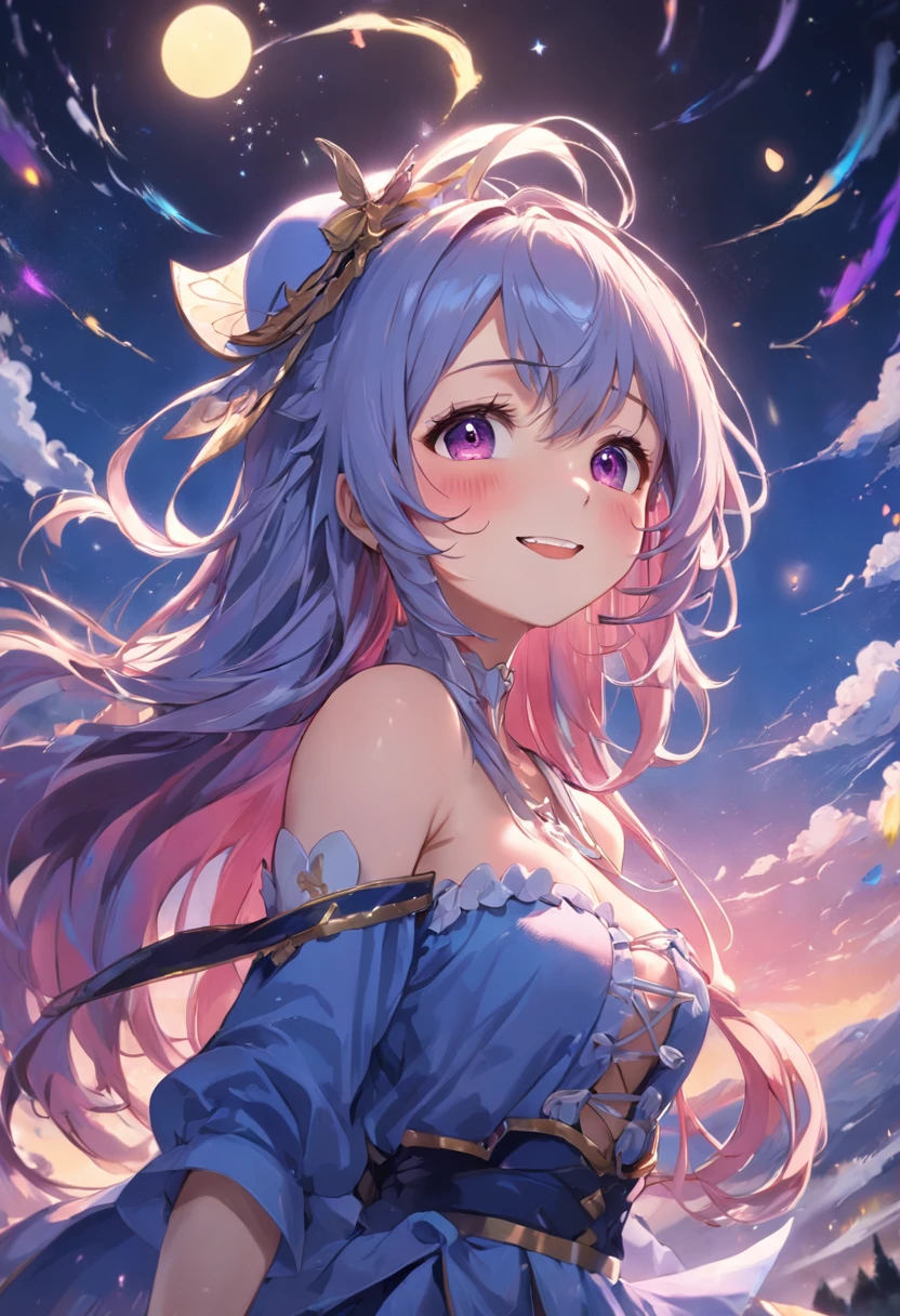 (((masterpiece)))、(((top-quality)))、((ultra-detailliert))、(illustratio)、((extremely delicate and beautiful))、Bright smile、floating、(Detailed light) (1girl in)、、独奏、The long-haired、The wind is blowing、A WORLD、(cute eye)Wizard Hat, red blush, blush stickers, cleavage of the breast, bare shoulders, doress, off shoulders, cowboy shot, is standing, A smile, Vast landscape photos, (Bottom view showing the sky above and the open countryside below), a girl standing on flower field looking up, (fullmoon: 1.2), Neon purple colored moon, (shooting stars: 0.9), (nebulas: 1.3), distant mountain, BREAK tree Production Art, (Cold light source: 1.2), (firefly: 1.2), light fixtures, Lots of purple and blue, Intricate details, Break volumetric lighting (masutepiece : 1.2), (Best Quality), 4K, Ultra-detailed, (Dynamic Composite: 1.4), Highly detailed color details (Iridescent colors: 1.2), (Bright lighting, Atmospheric lighting), Dreamy, Magical, (Solo: 1.2)