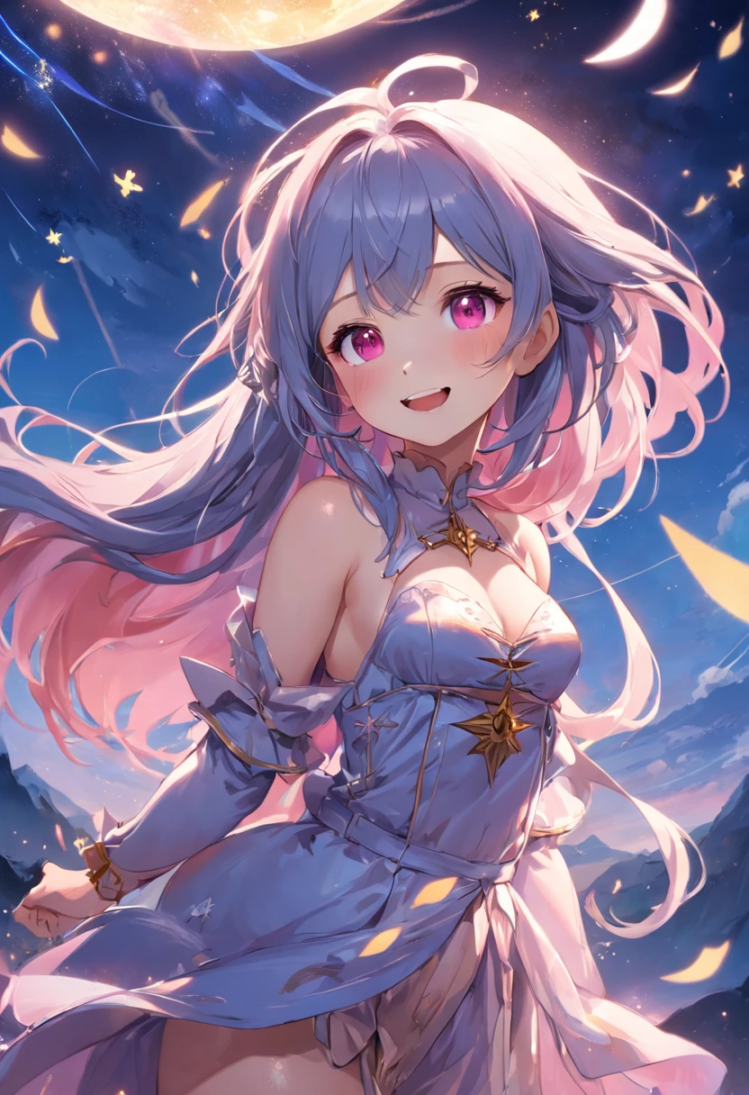 (((masterpiece)))、(((top-quality)))、((ultra-detailliert))、(illustratio)、((extremely delicate and beautiful))、Bright smile、floating、(Detailed light) (1girl in)、、独奏、The long-haired、The wind is blowing、A WORLD、(cute eye)Wizard Hat, red blush, blush stickers, cleavage of the breast, bare shoulders, doress, off shoulders, cowboy shot, is standing, A smile, Vast landscape photos, (Bottom view showing the sky above and the open countryside below), a girl standing on flower field looking up, (fullmoon: 1.2), Neon purple colored moon, (shooting stars: 0.9), (nebulas: 1.3), distant mountain, BREAK tree Production Art, (Cold light source: 1.2), (firefly: 1.2), light fixtures, Lots of purple and blue, Intricate details, Break volumetric lighting (masutepiece : 1.2), (Best Quality), 4K, Ultra-detailed, (Dynamic Composite: 1.4), Highly detailed color details (Iridescent colors: 1.2), (Bright lighting, Atmospheric lighting), Dreamy, Magical, (Solo: 1.2)