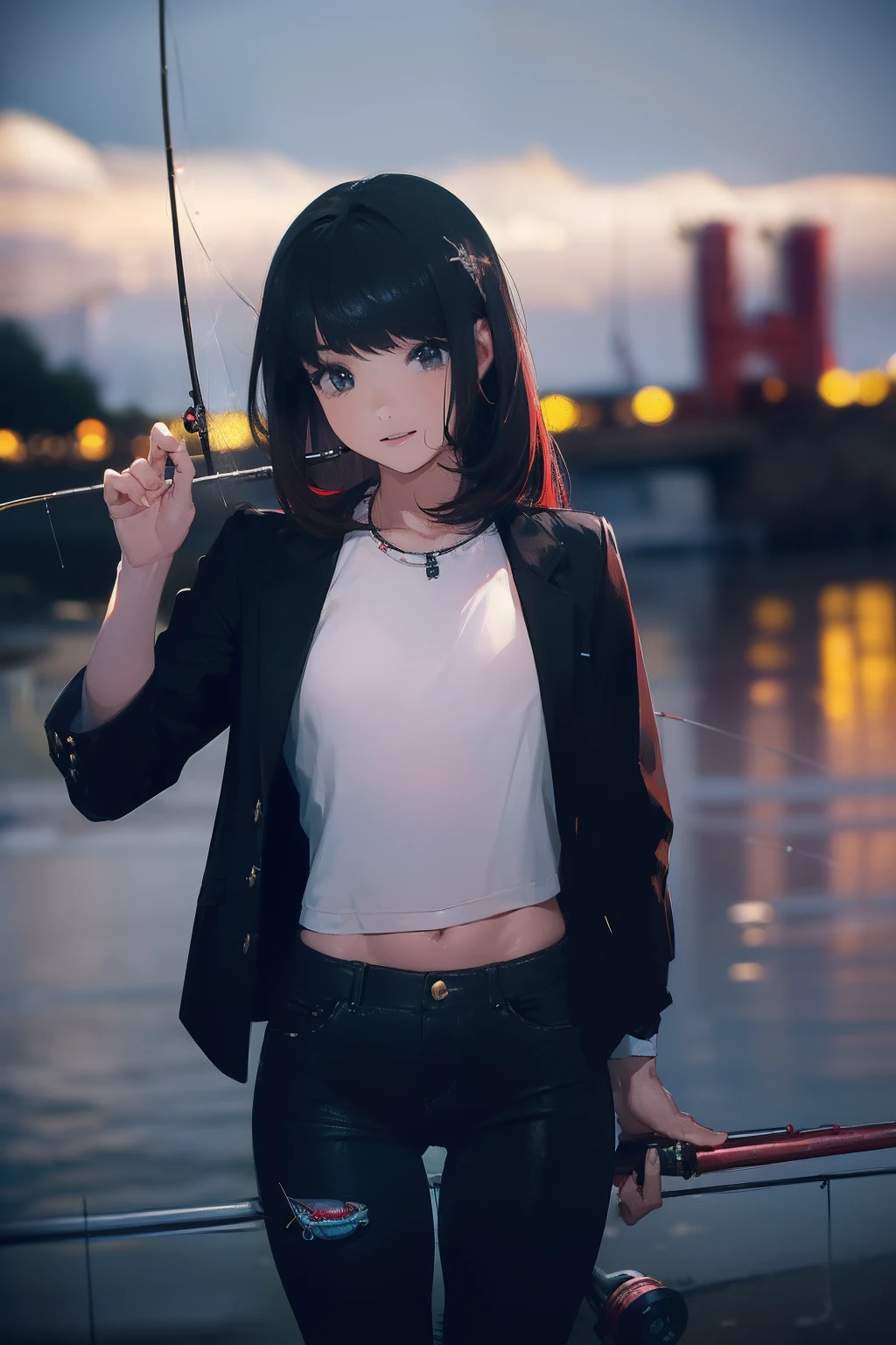 ((((casting a lure and having fishing rod with a reel by the lakeside:1.5)))),((Female 28 years old)),((Best Quality:1.5)),(((Hands with the correct number and structure of fingers:1.4))),((Big fish:1.37)),hight resolution,ultra-detailliert,​masterpiece,best qualtiy,(Eight-headed body),Black hair, long eyes-lashes, Solid Circle Eyes, drop shadow, Atmospheric perspective,Super Detail, ccurate, small brest,(Black jacket and black jeans :1.1),top-quality, blurry backround, bokeh dof:1.2, (​masterpiece:1.3),  Atmospheric perspective,Super Detail,dynamic compositions,