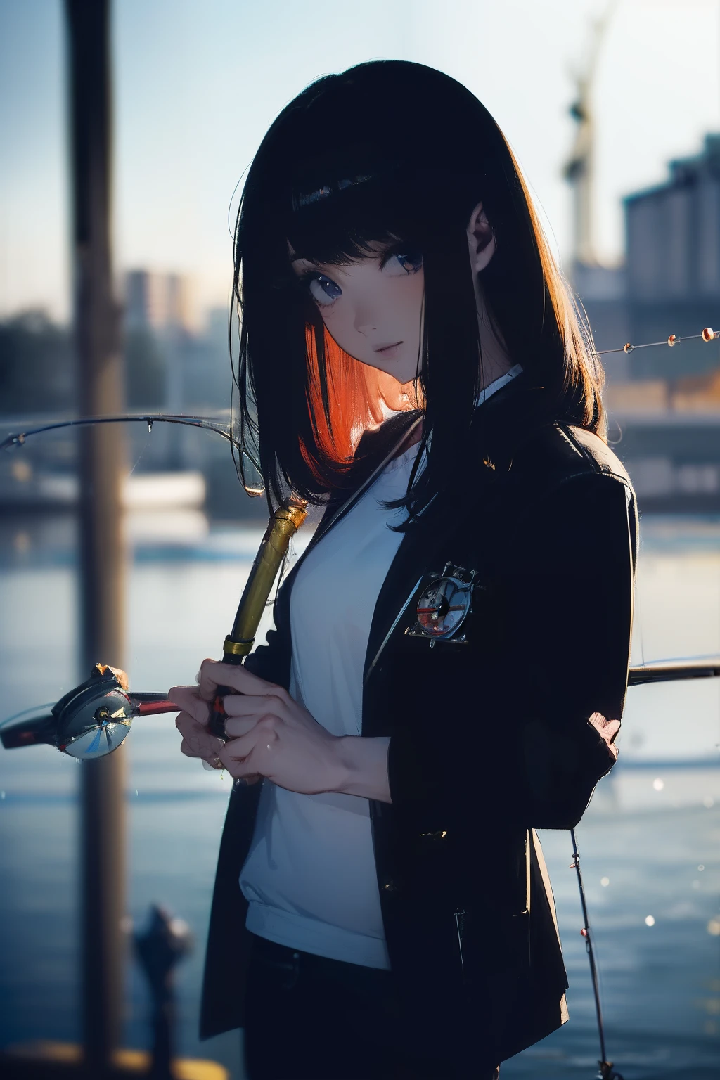 ((((casting a lure and having fishing rod with a reel by the lakeside:1.5)))),((Female 28 years old)),((Best Quality:1.5)),(((Hands with the correct number and structure of fingers:1.4))),((Big fish:1.37)),hight resolution,ultra-detailliert,masterpiece,best qualtiy,(Eight-headed body),Black hair, long eyes-lashes, Solid Circle Eyes, drop shadow, Atmospheric perspective,Super Detail, ccurate, small brest,(Black jacket and black jeans :1.1),top-quality, blurry backround, bokeh dof:1.2, (masterpiece:1.3), Atmospheric perspective,Super Detail,dynamic compositions,