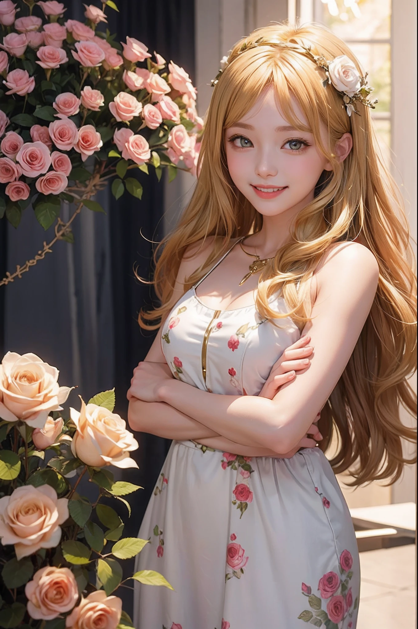 Only the smile of 2 cute girls、duo,Golden eyes、Golden hair、full of roses、